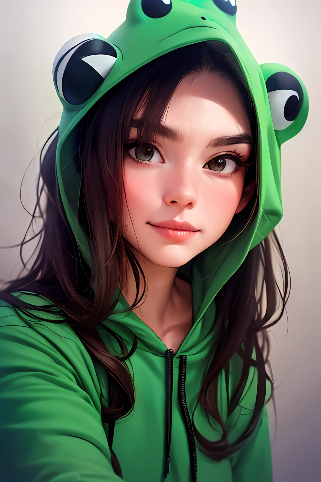 (androgynous, (nonbinary:1.2)), realistic, masterpiece (solo:1.3) portrait, volumetric lighting, HDR, 90FOV, (elven ears:0.6), green messy long hair, laboratory, tired expression, anime style, alchemy, glow, shooting star, front facing, face, wind, smile, (frog hoodie:1.2)