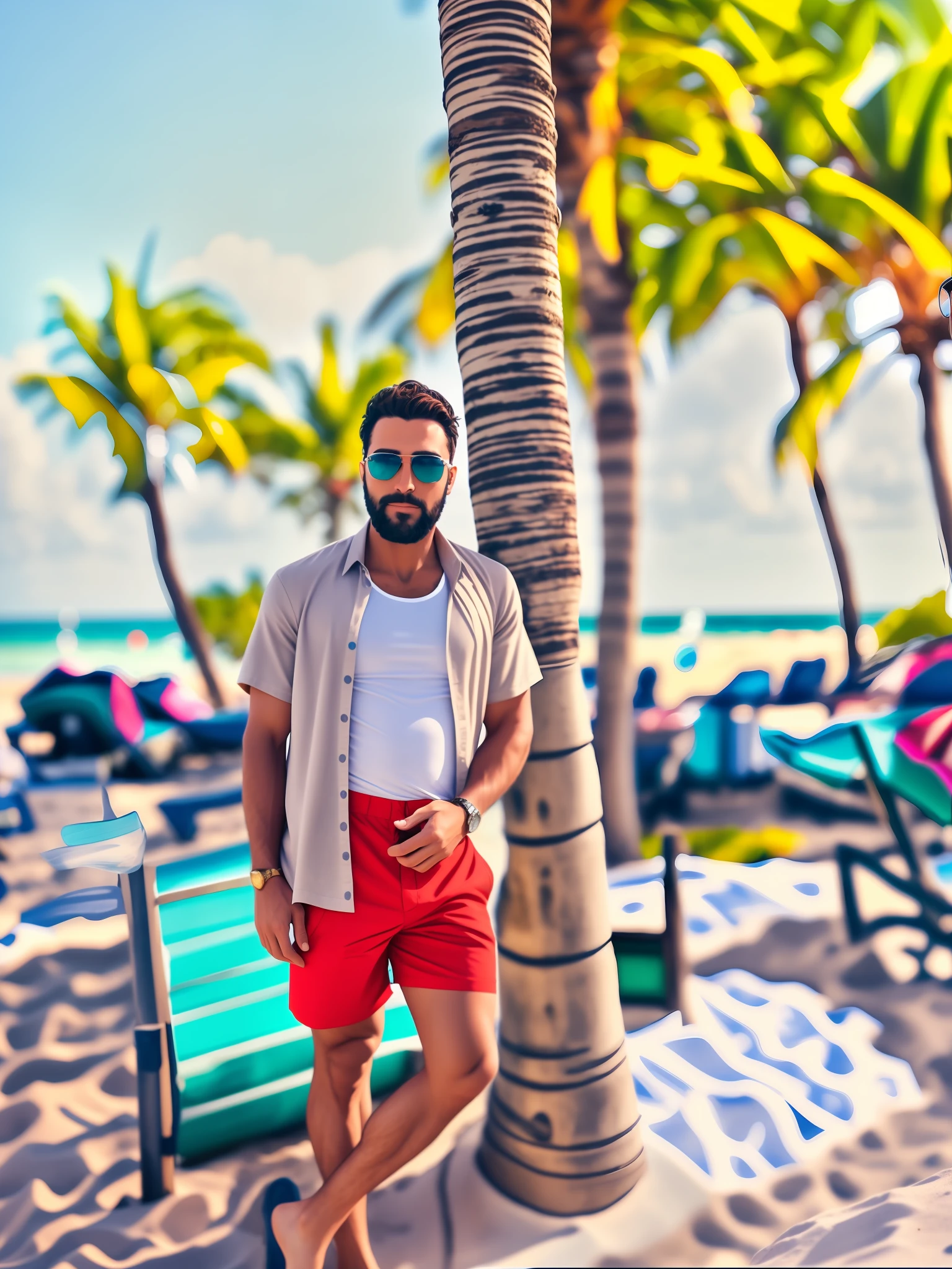 there is a man standing on the beach next to a palm tree, wearing black and gold sunglasses, wearing red shorts, chest and stomach visible, some hair on chest and stomach, love handles, palm trees in the background, with palm trees in the back, vacation photo, posing on a beach with the ocean, at a tropical beach, standing near the beach, shot on Samsung galaxy, standing at the beach, photorealistic