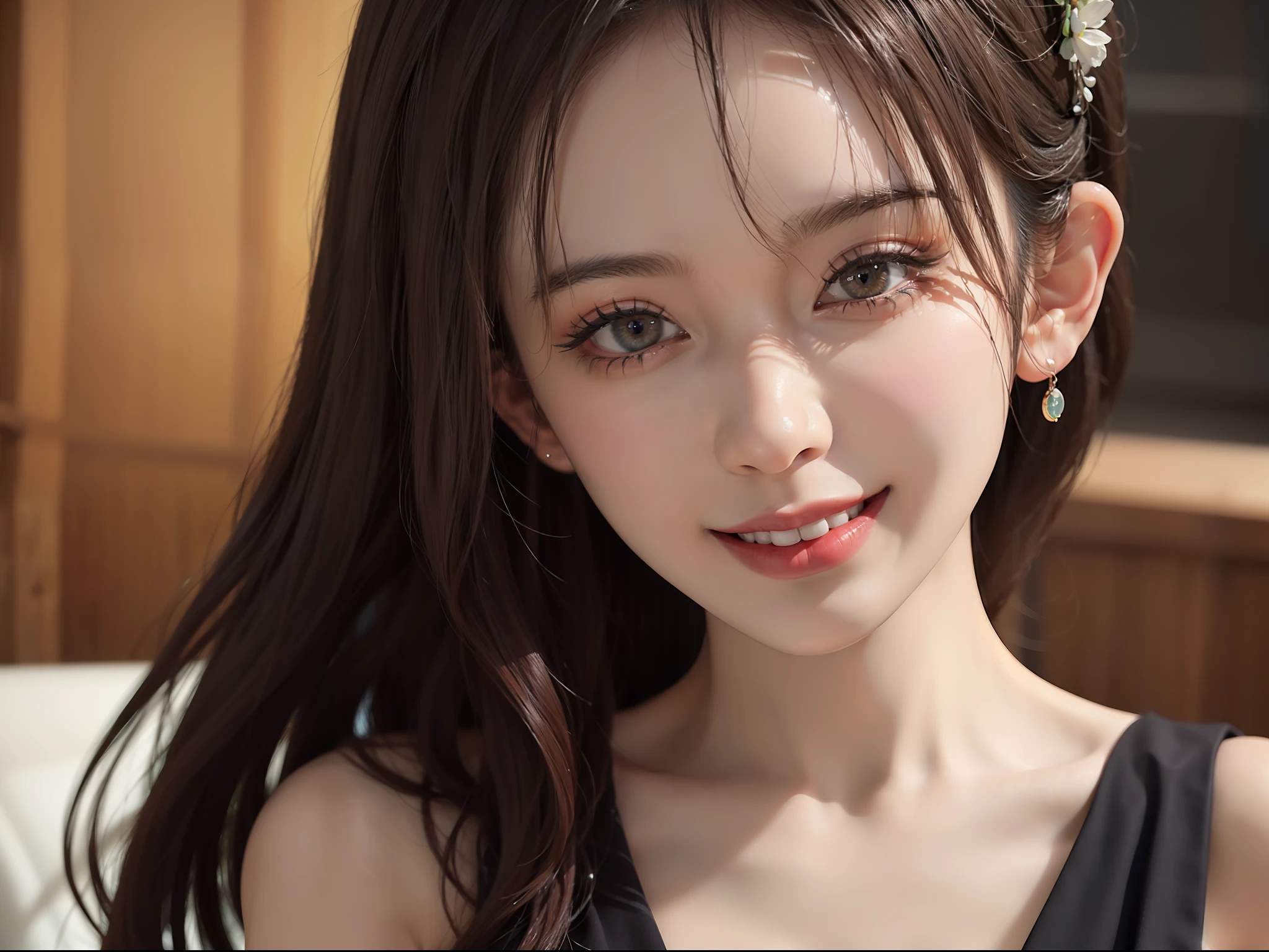 Masterpiece, Best Quality, Portrait of 1girl,Korean woman,(Masterpiece, Pretty person,Polluted smile),Virtual YouTube,Detailed skin texture, Detailed cloth texture, Beautifully detailed face, Masterpiece, Clavicle,