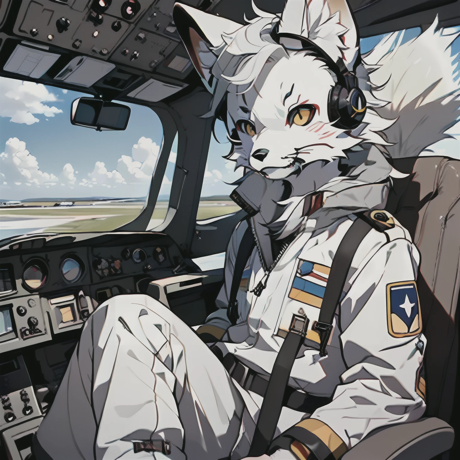 highdetailed,Hyper Quality,great resolution,1080P,(((Single person))),shaggy,(Male Arctic fox:1.5),(Gray fur:1.5),(Gray skin:1.5),Gray ears,golden yellow eyes,Canine paws,(Fluffy Tail:1.2),Detailed characters,(The furry feeling of animal ears)，Wear a pilot suit，Bring pilot headsets，((Sit in the cockpit of a WWII fighter and fly an airplane flying in the sky))，((In the cockpit of an airplane))