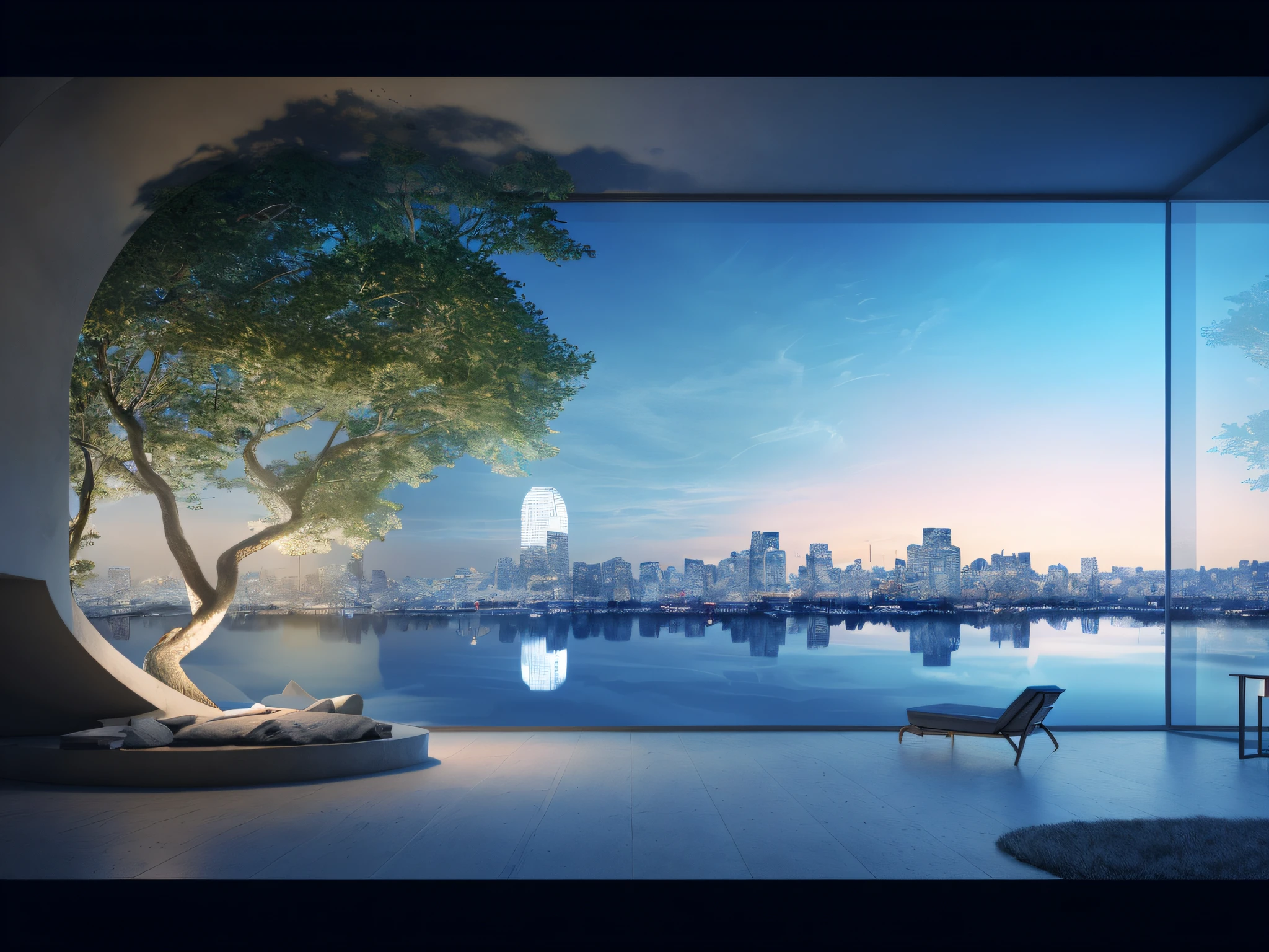 There is a large window,There is a realistic view of the city, 3 d render beeple, breathtaking render, beeple rendering, architectural visualisation, expansive cinematic view, matte painting v ray, architecture visualization, realistic architecture, 8k matte painting, 8 k matte painting, interior architecture view, 3 d hyper realistic render, 8 k landscape render, 3d rendered matte painting,is super detailed,photography style