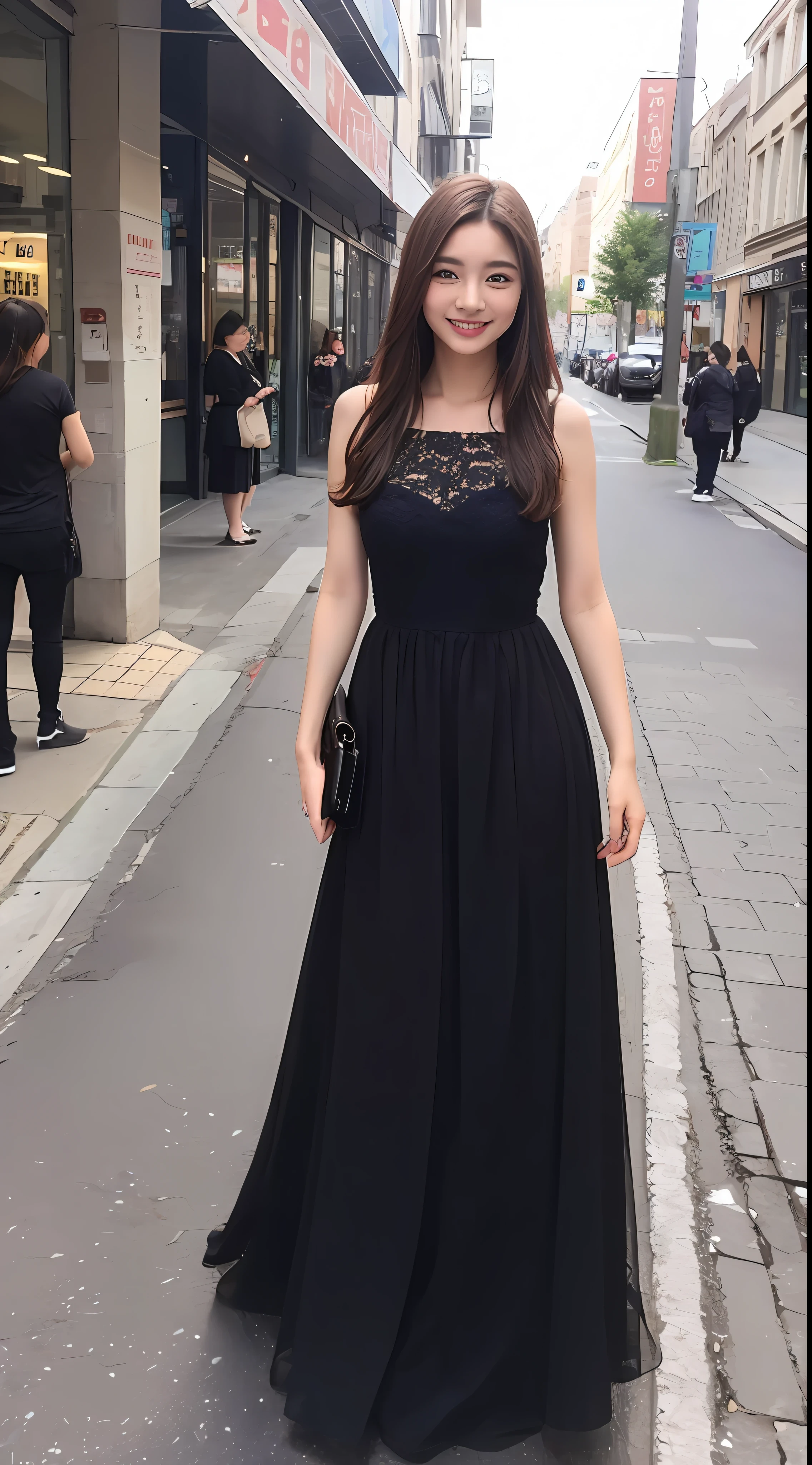((Best quality, 8k, Masterpiece :1.3)), 1girl, smiling, full body, slim face, Pretty woman, (Dark brown hair), full length dress :1.1, Ultra-detailed face, Detailed eyes, Double eyelid, blur background, slim face, city, outside, street,
