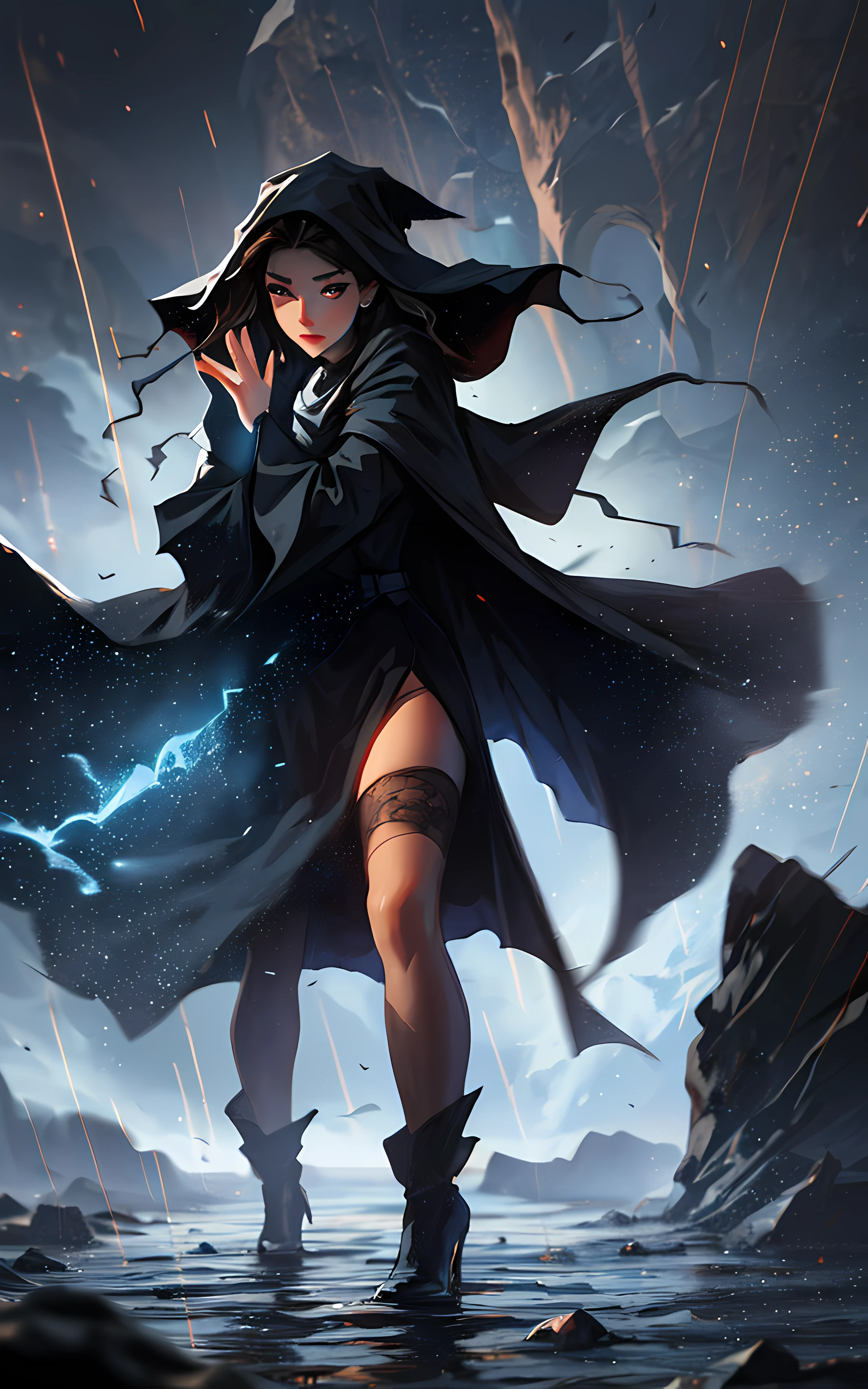 Invocadora descalza levitando en negro-Dark witch robes of hair and cloaked arms raised over a broken earth Bright lava light from beneath the asteroid field , (rocas dentadas, rocas y escombros disparados al aire: 1.3) (Tormenta de escombros de polvo ventoso: 1.1) Volumetric fog Z-Niebla de trazado de rayos Pasar luz brillante desde abajo, (Obra maestra) (mejor calidad) (detallado) (8K) (Cinematic lighting) (Sharp focus) (intrincado), ((( cuerpo completo))), (((pose modelo)))