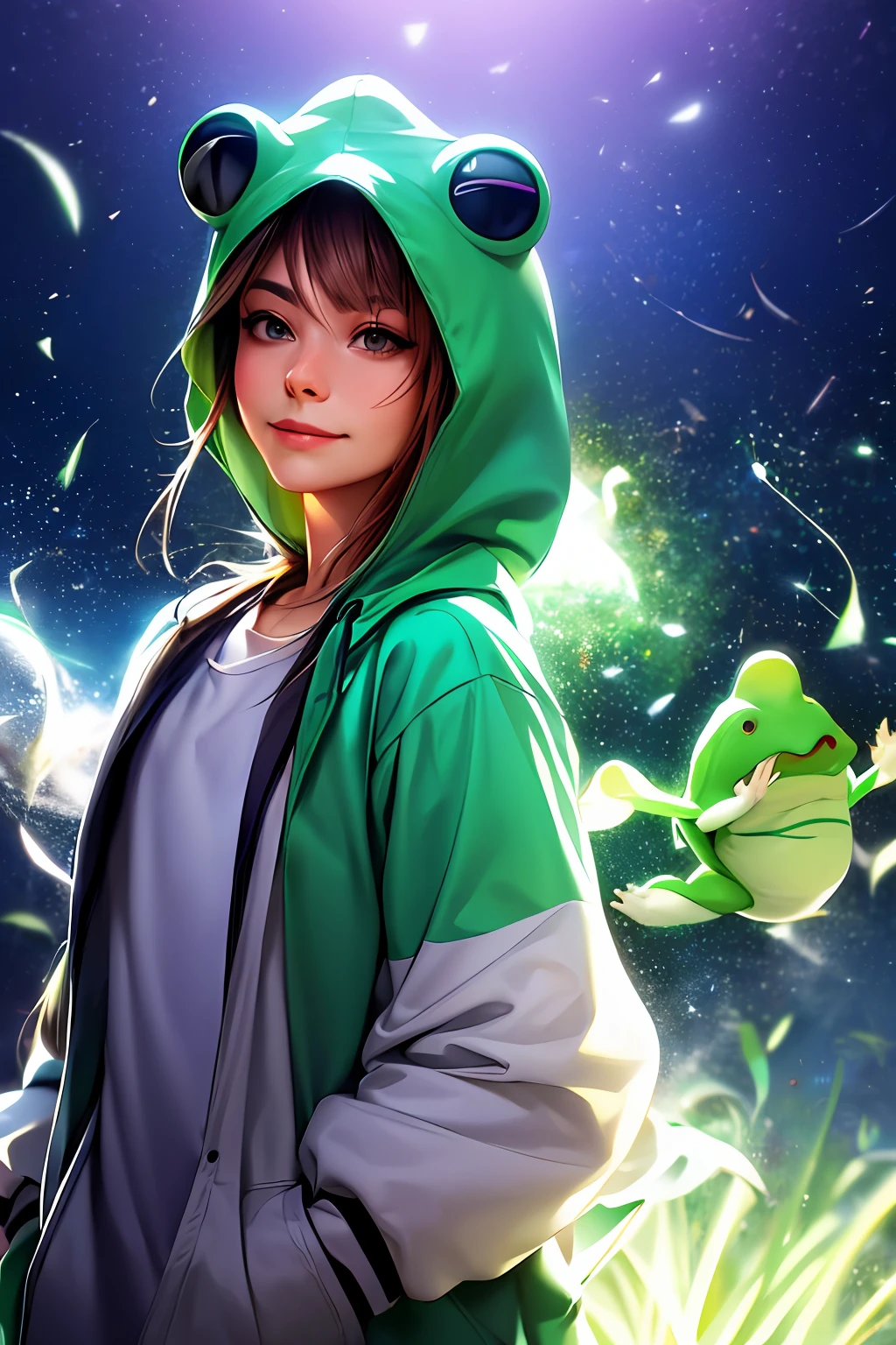 (androgynous, (nonbinary:1.2)), realistic, masterpiece (solo:1.3) portrait, volumetric lighting, HDR, 90FOV, (elven ears:0.6), green messy long hair, laboratory, tired expression, anime style, alchemy, glow, shooting star, front facing, face, wind, smile, (frog hoodie:1.2)