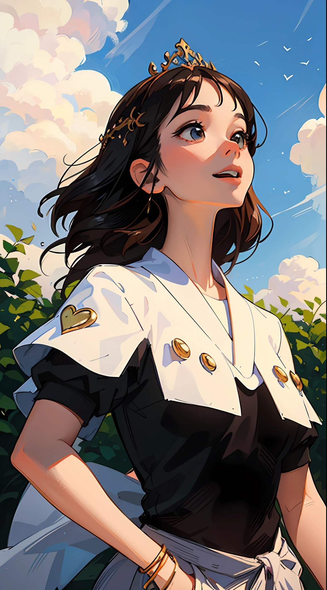 obra-antes, 1girl, (corpo inteiro), cabelos multicoloridos, castelo ao longe, lindo caminho, \ceu azul e nuvens felpudas/ ornamento de cabelo da nota musical, heart-olhos em forma, sorriso leve, Ghibli-como cores, Ghibli-como cores, Ghibli-como cores, cinematic lighting, profundidade de campo, scharacter chart, Largo-Angle, Funciona antes, Funciona antes, anatomicamente correto, pele texturizada, super detalhe, de alta qualidade, Premiado, Alto, best qualidade, 8k