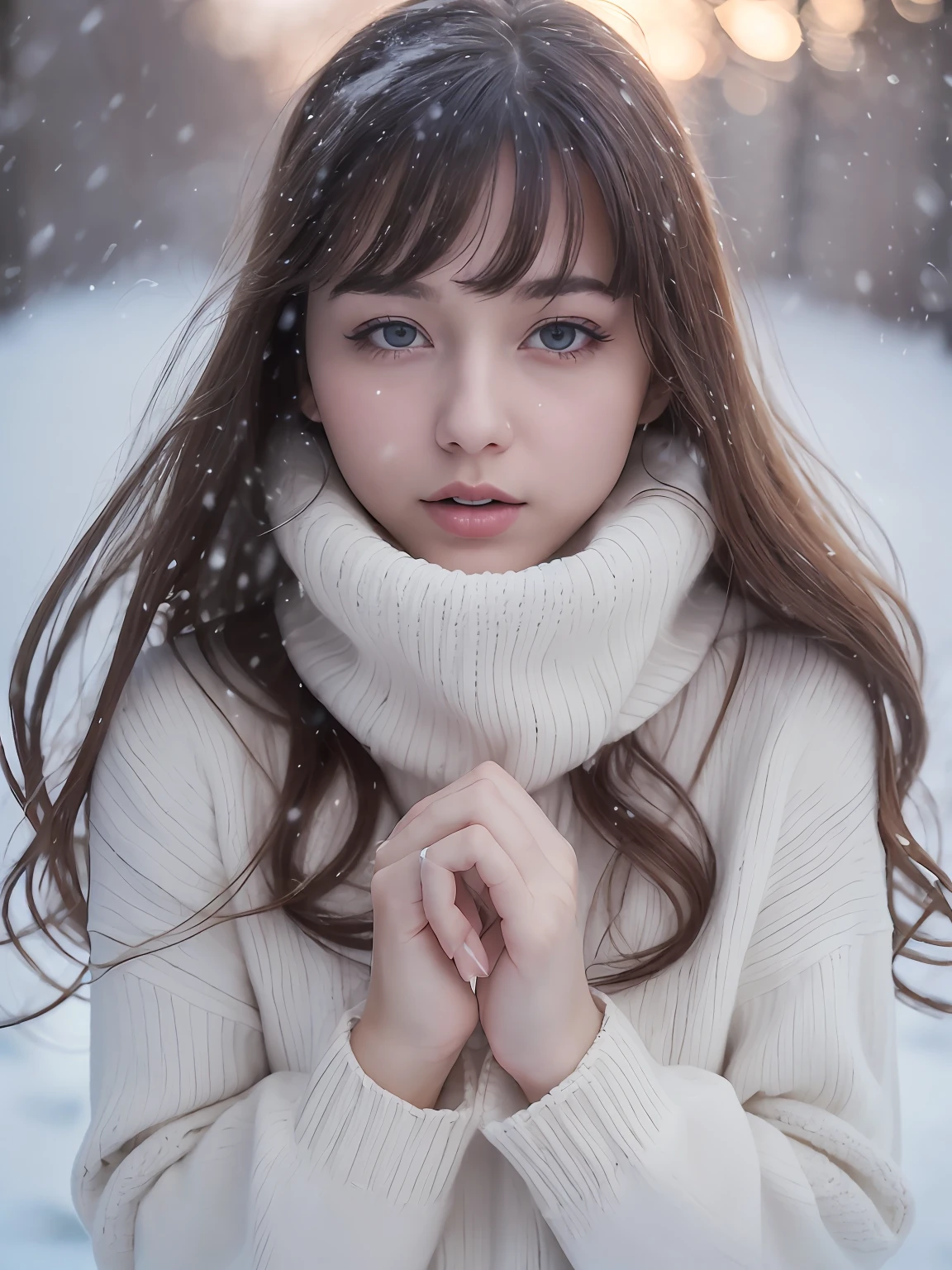 (HD cinematography), (upper blody), (high qualitt), (aesthetic clothings), (professional angle), (Rule of Thirds), (Bright), (woman), (,Ladies), (beautiful),(feminine features), (21 years), solo, 1 woman, (attractive French), Winter, (Snow), (Morning), (Soft Lighting light), ((Standing Alone, Snowflakes Falling, Tears on Face)), ((Tears)), (Hands by Side Hands), ((Looking Forward Face)), ((Sadness)), (Natural Make-up), (Any Bust), (-), ((Medium Hair)), (Chestnut Hair), (Wavy Hair), (Loose hair), (), (Half-Closed Eyes), (blueeyes), (Distant Look), with pale skin, (- Clothing), (Oversized Sweater), (-), (Leggings ), (Turtleneck Neckline), ((Outdoor Setting background)), (middle shot), beautiful hands, two hands, Normal hand, two arms, complete hands, beautiful body, Beautiful Fingers, normal fingers, five fingers, five fingers, beautiful ears, normal ears, pretty eyes, shiny eyes, beautiful mouth, beautiful lips,