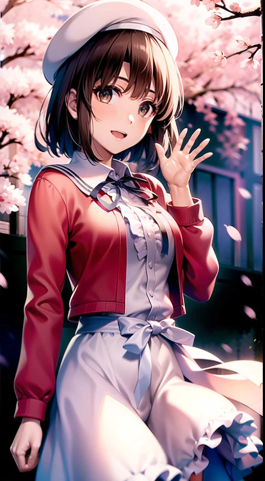 ((masterpiece,best quality, detailed)), deep shadows, hard rim lighting, dramatic lighting, sharp focus, looking at viewer, ambient light, outdoors, floating hair, wind, cherry blossoms, cowboy shot, katou megumi, white dress, red jacket, neck ribbon, beret, frills, bow, smile, open mouth, waving