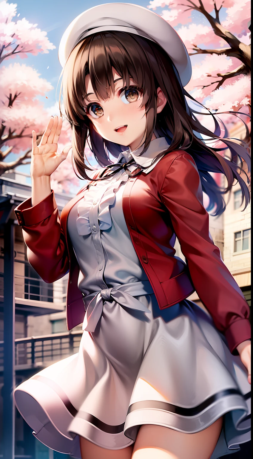 ((masterpiece,best quality, detailed)), deep shadows, hard rim lighting, dramatic lighting, sharp focus, looking at viewer, ambient light, outdoors, floating hair, wind, cherry blossoms, cowboy shot, katou megumi, white dress, red jacket, neck ribbon, beret, frills, bow, smile, open mouth, waving