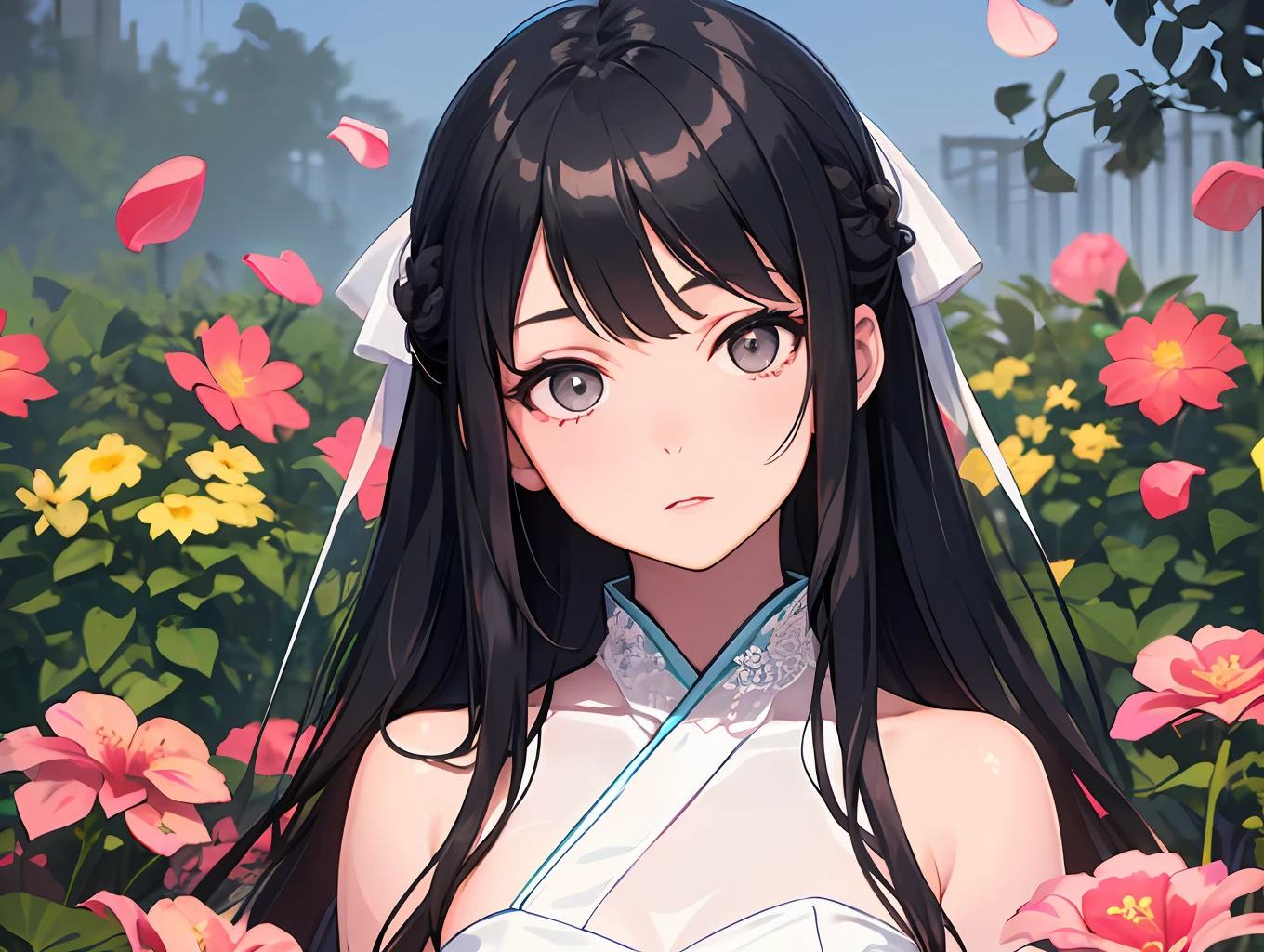 (little girl: 1.5), lace, ribbon, Hanfu, (masterpiece, side light, delicate and beautiful gray eyes: 1.2), masterpiece, realistic, glowing eyes, shiny hair, black hair, long hair, shiny skin, solo, awkward, tube top, delicate, beautiful, garden, flowers, fluttering petals,