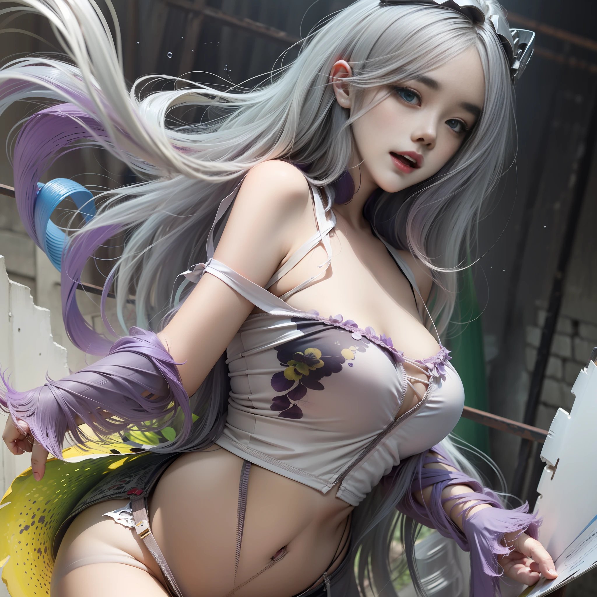 (((master masterpiece))), best quarity, is super detailed, 极为详细的CG unity 8k壁纸, best illustrations, Very exquisite and beautiful, levitating, great resolution, Dynamic Angle, Dynamic poses, 1个女孩, blueeyes, (multiple color hair+silvery hair:1.3+red tinted hair:1.2+purple color  hair+yellow hair:1.3+Green hair:1.3), (oral sexy)，White transparent clothing, Neck ribbon, beatutiful face, Too many droplets, yun, Twilight, Wide Shot Shot, watercolors。

(Note: Please format this sentence as a string in the desired programming language if you plan to use it as a prompt in your code.
