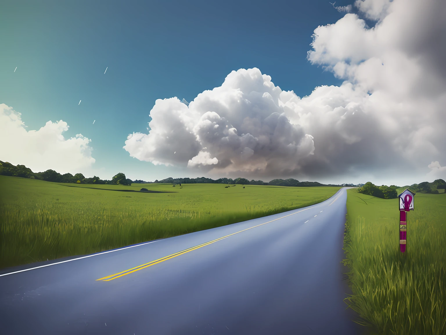 pfotorealistic、8K UHD、Studio Quality、Surreal、max detail、large-scale、POST PROCESSING、Realism、Photoshop、Photograph、detailing、Cinema Writing、Landscapes、Panorama、Landscapes、raytraced、cinema4D、blue Sky 、bushes、 clouds、 Cumulonimbus Clouds、 tag、 grama、 yama、 No people 、1本の舗装道路、Traffic sign、Countryside、The sky 、XIA、solar、The tree、 7month、Rainy season、The deer