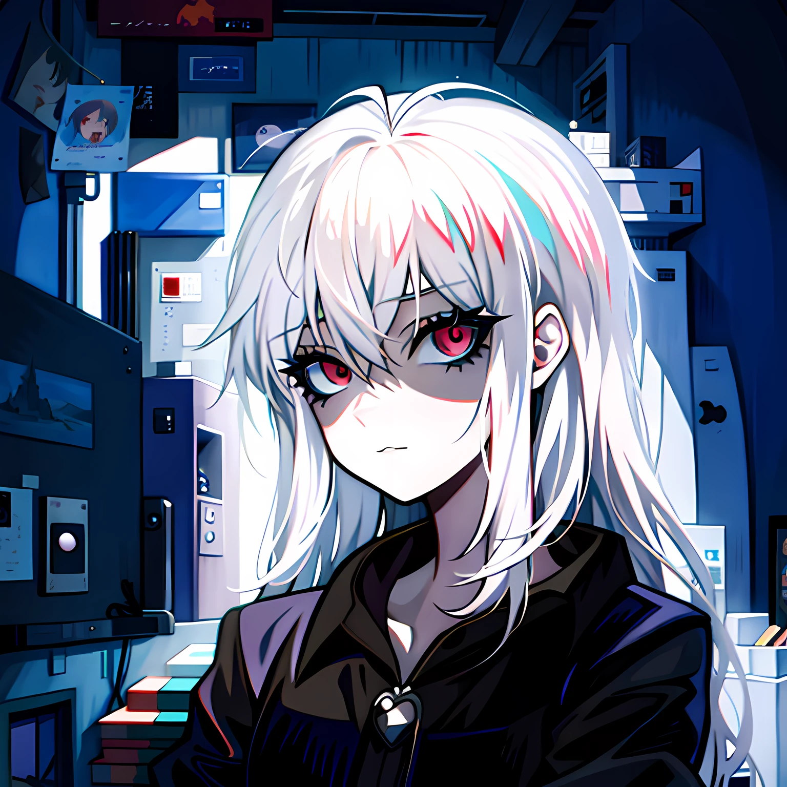 anime girl with white hair and blue eyes in black outfit, gothic maiden anime girl, Dark Gothic queen with red eyes, white haired, 1 7 - year - old anime goth girl, white haired deity, digital art from danganronpa, demon anime girl, Perfect gray haired girl, White haired girl, zerochan art, digital art on pixiv,Exquisite pictures，hd picture，Detail optimization，Contour optimization，Long straight white hair，hair over one eye, very long hair, huge ahoge, antenna hair, glaring, eyebrows behind hair, grimace, high detail, anime, stereogram, chiaroscuro, depth of field, image fill, pov, Gothic art, high details, ccurate