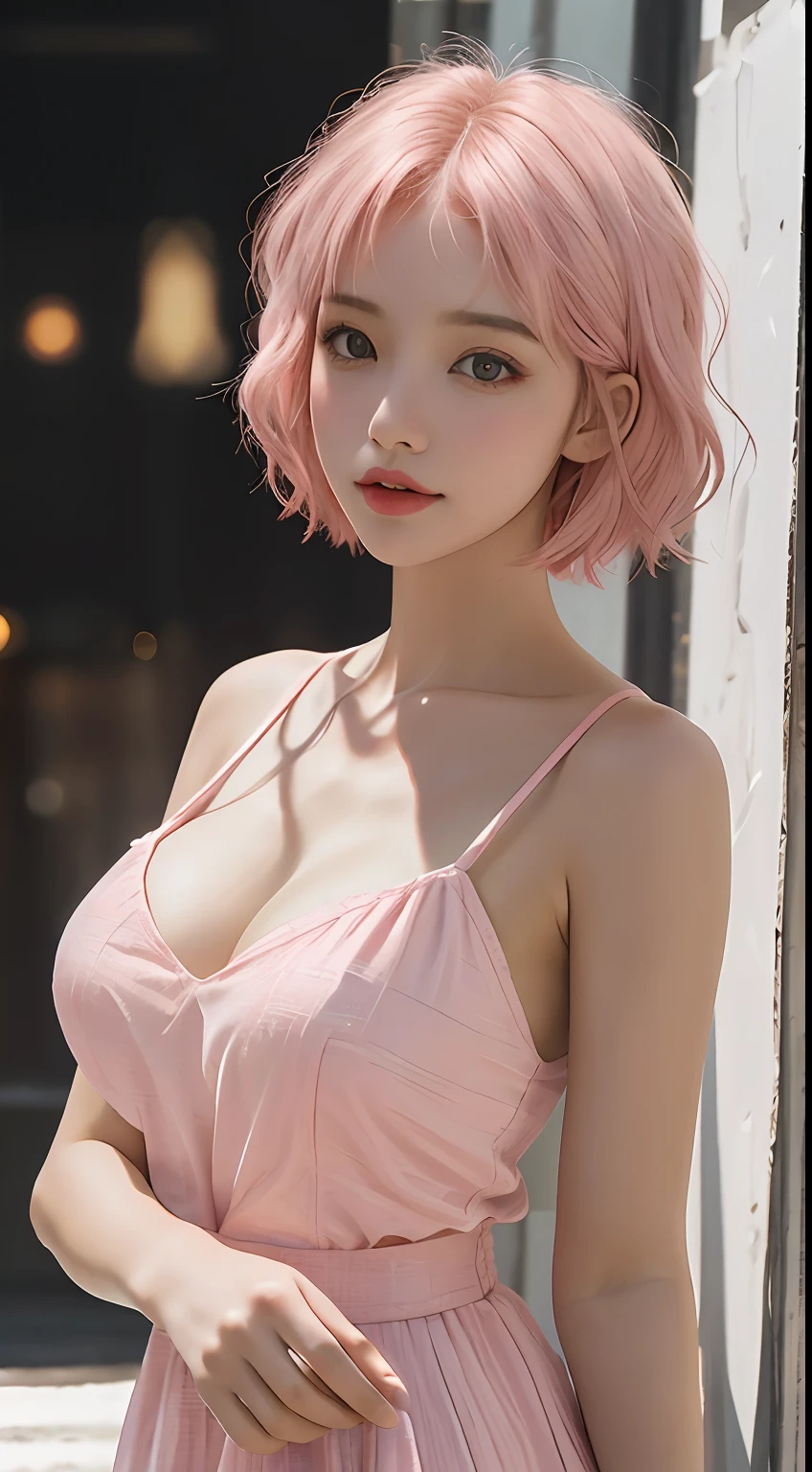 (HD cinematography), (upper blody), (high qualitt), (aesthetic clothings), (professional angle), (Rule of Thirds), (Bright)，gal girl， single， the best quality t， upper  body， beatiful， pretty， radiantly， Breasts Large，Pink short hair