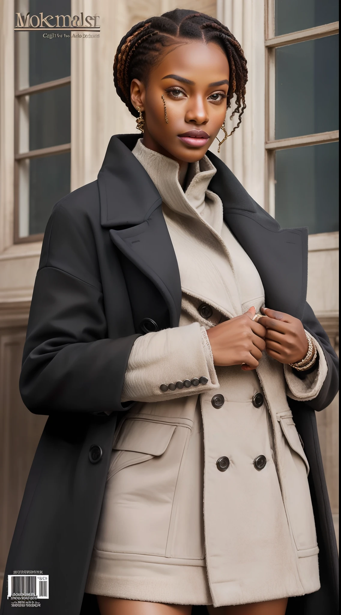 a black model with African facial features posing elegant for digital magazine cover editorial photo, wearing winter clothes, ultra modern wool overcoat, intense vivid colors, detailed, haute couture, ultra detailed finishes, cute look, intricate details, magazine cover editorial style photo, high fashion, apply editorial environment, masterpiece, highest quality, ultra detailed, high definition,