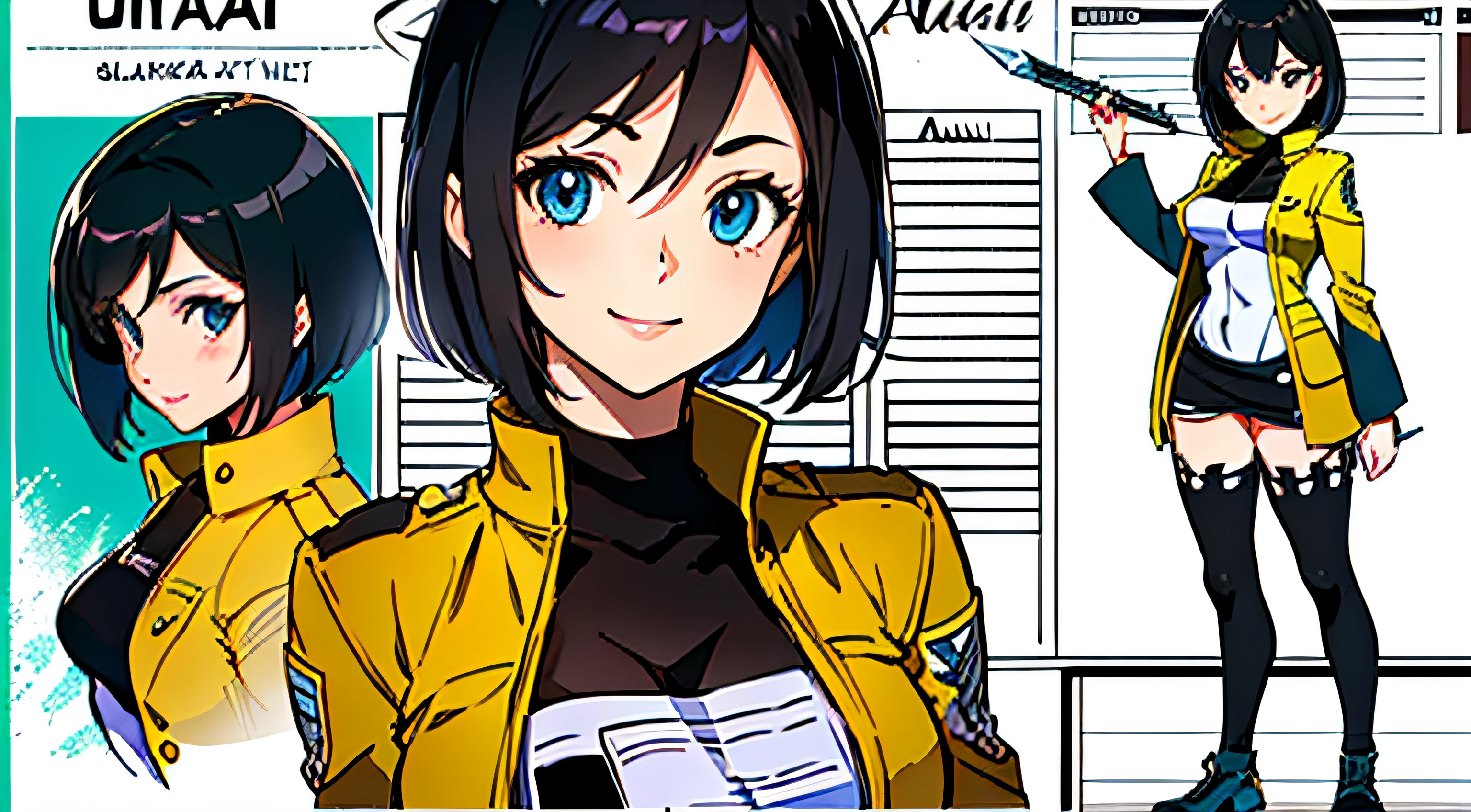 (masterpiece), ultra detailed, 8k, ((A character sheet:1.4)) or reference sketch of a a beauty gal girl who looks like Pokemon's Mai, with an uniform, she has short hair, and she smiling, with black hair, ultra realistic and sharp detail and intricate, intricate details, and style, simple background illustration, Mikasa Ackerman