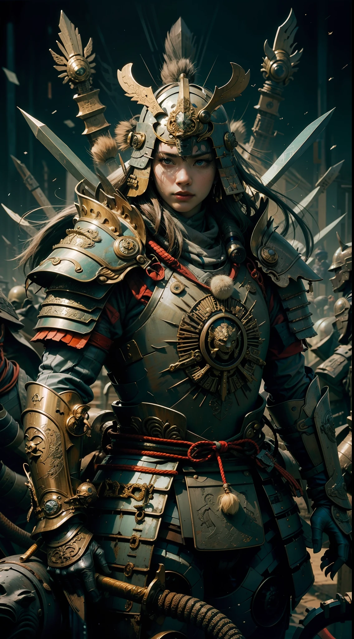 Woman, long haired, skilled and agile samurai, whose armor is adorned with serpent details carved in green jade, armor is elegant and flexible, allowing her to move with grace and precision, Elmo possesses a carved serpent that appears to be moving, while her eyes convey cunning and shrewdness, (Japanese armor samurai: 1.5), broken glass, (masterpiece, side lighting, finely detailed beautiful eyes: 1.2), HDR, (masterpiece), (extremely intricate)