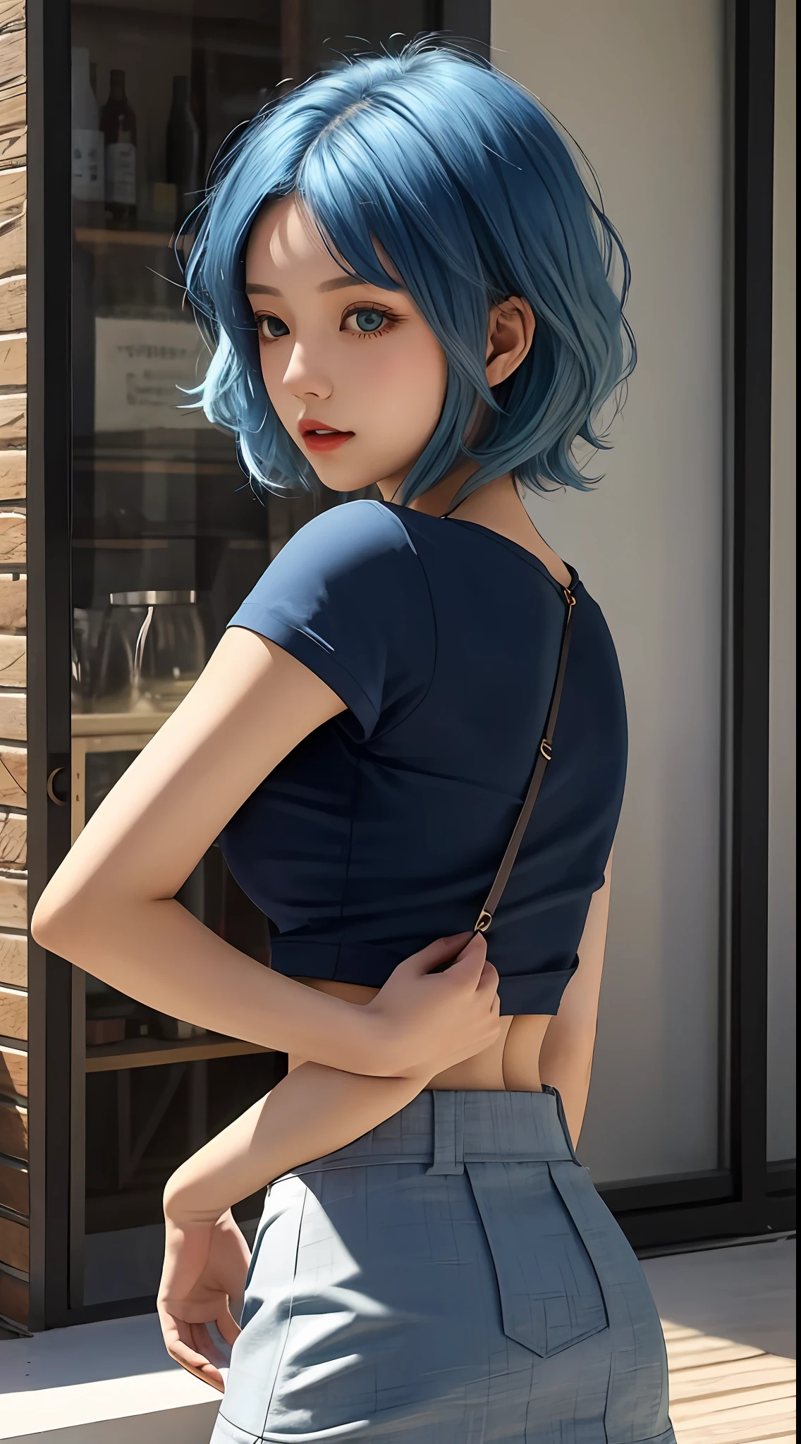 gal girl， single， the best quality t， upper  body， beatiful， pretty， radiantly， Breasts Large，Short blue hair，tight skirt