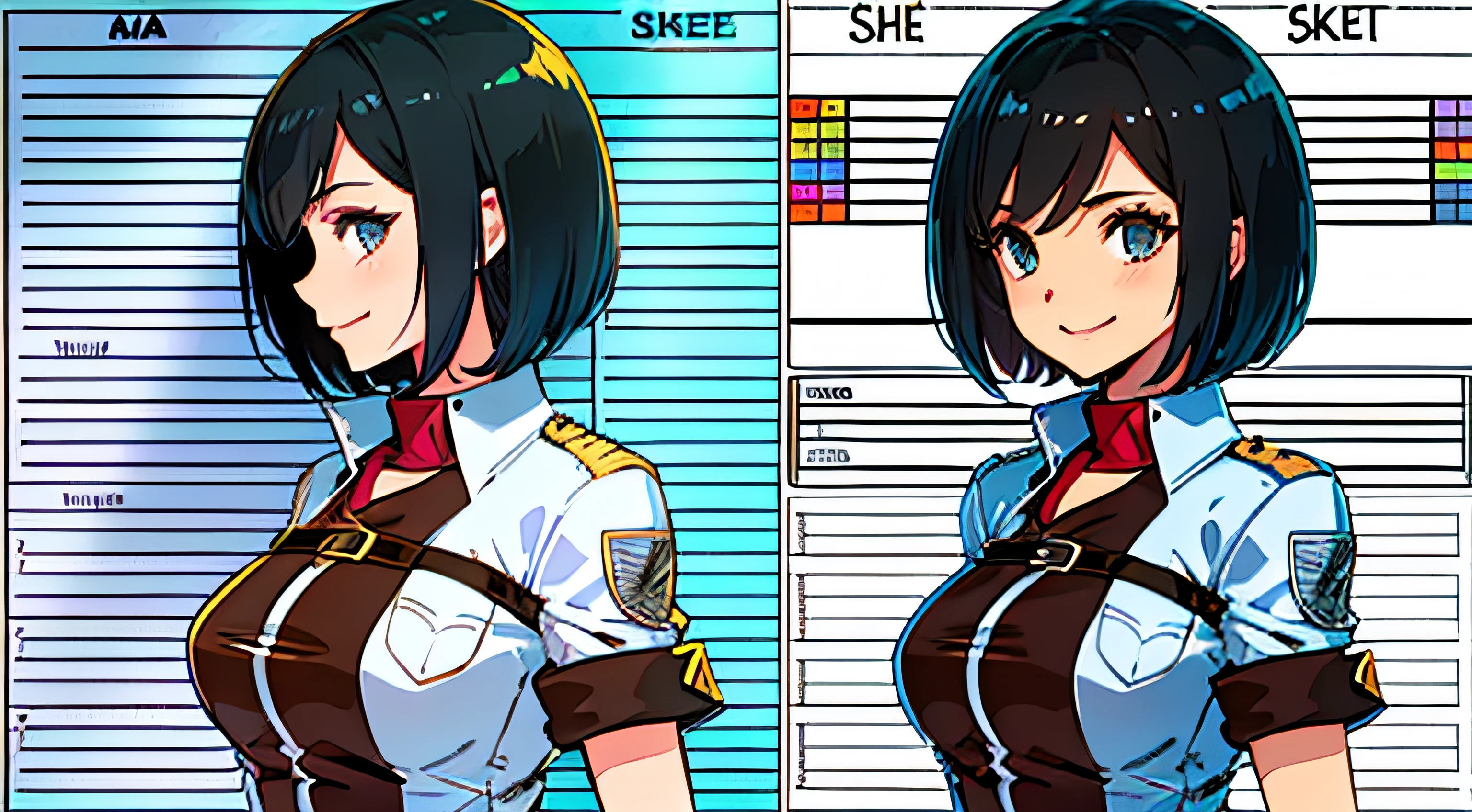 (masterpiece), ultra detailed, 8k, ((A character sheet:1.4)) or reference sketch of a a beauty gal girl who looks like Pokemon's Mai, with an uniform, she has short hair, and she smiling, with black hair, ultra realistic and sharp detail and intricate, intricate details, and style, simple background illustration, Mikasa Ackerman