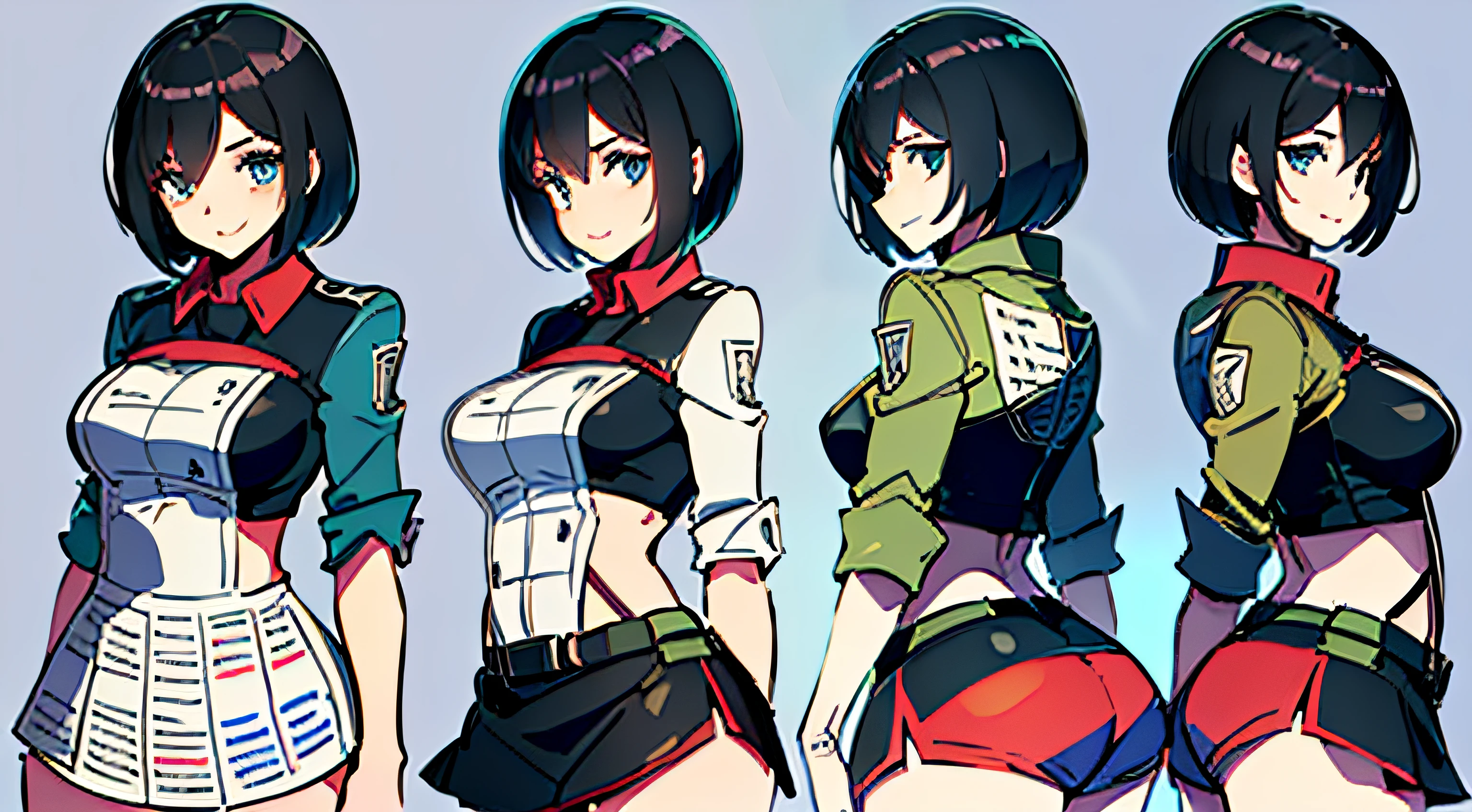 (masterpiece), ultra detailed, 8k, ((A character sheet:1.4)) or reference sketch of a a beauty gal girl who looks like Pokemon's Mai, with an uniform, she has short hair, and she smiling, with black hair, ultra realistic and sharp detail and intricate, intricate details, and style, simple background illustration, Mikasa Ackerman