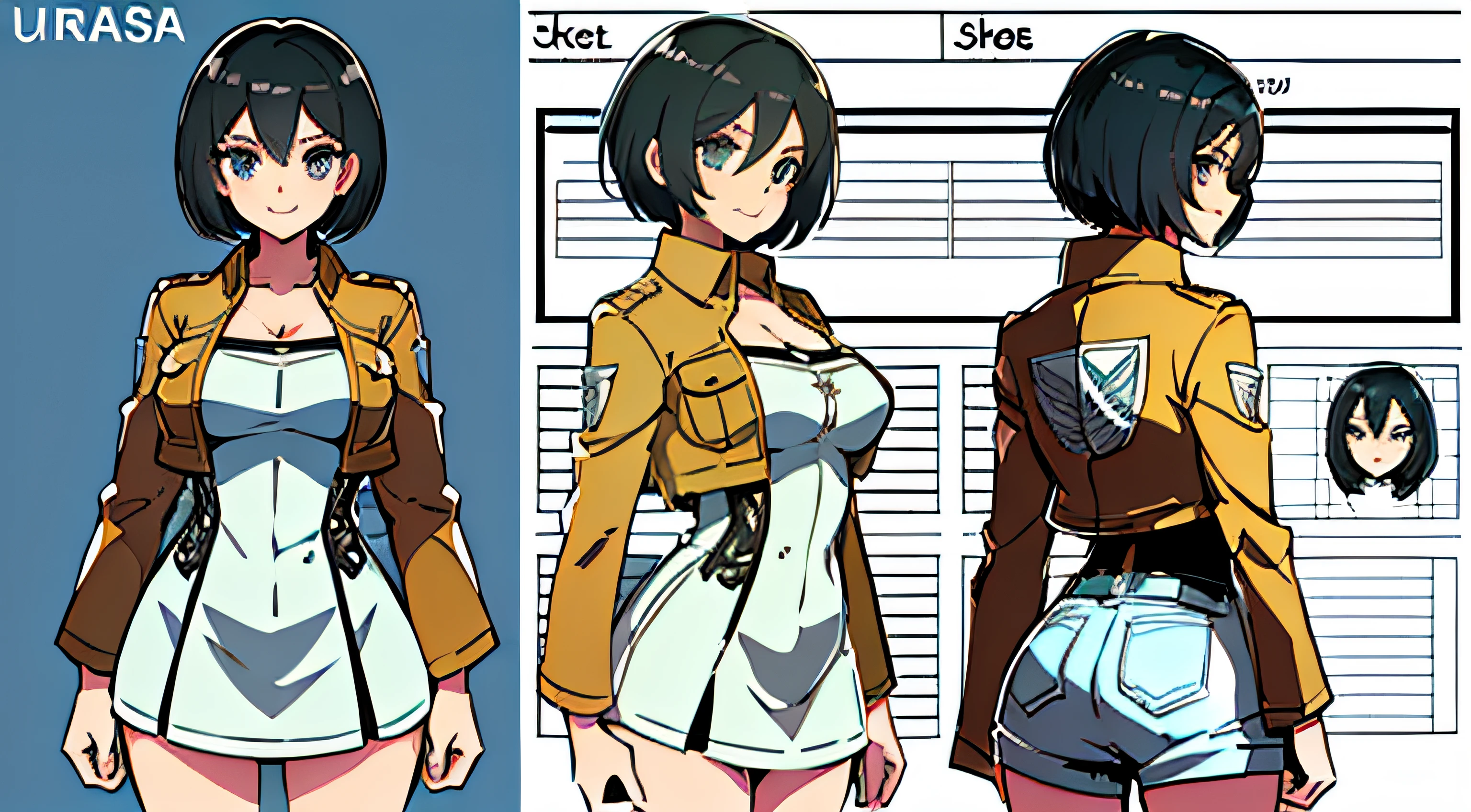 (masterpiece), ultra detailed, 8k, ((A character sheet:1.4)) or reference sketch of a a beauty gal girl who looks like Pokemon's Mai, with an uniform, she has short hair, and she smiling, with black hair, ultra realistic and sharp detail and intricate, intricate details, and style, simple background illustration, Mikasa Ackerman