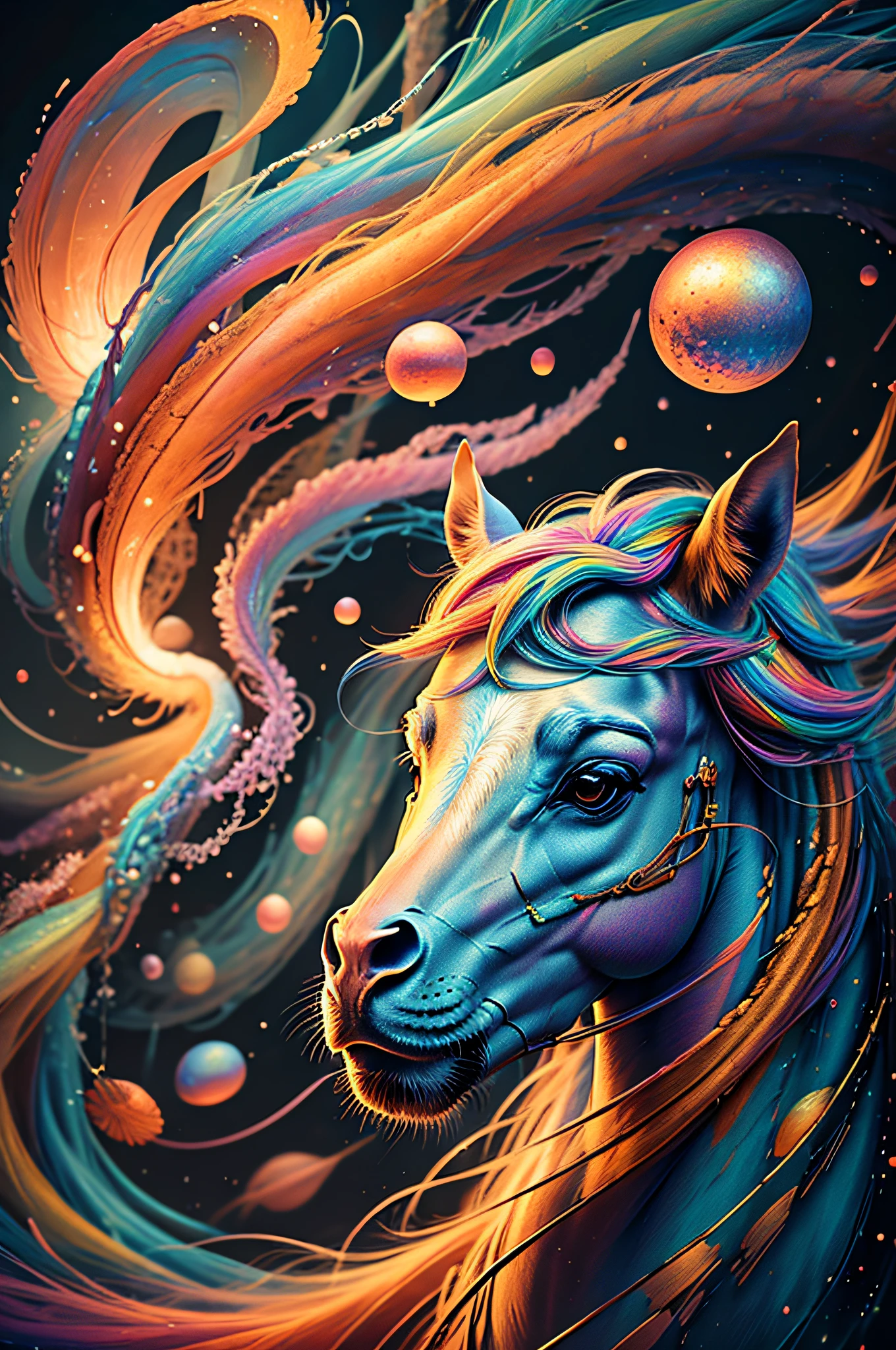 a painting of a colorful horse on a black background, breathtaking render, within a radiant connection, inspired by Kinuko Y. Craft,, magical elements, wow, is beautiful, casting a multi colorful spell, bright flash, flash