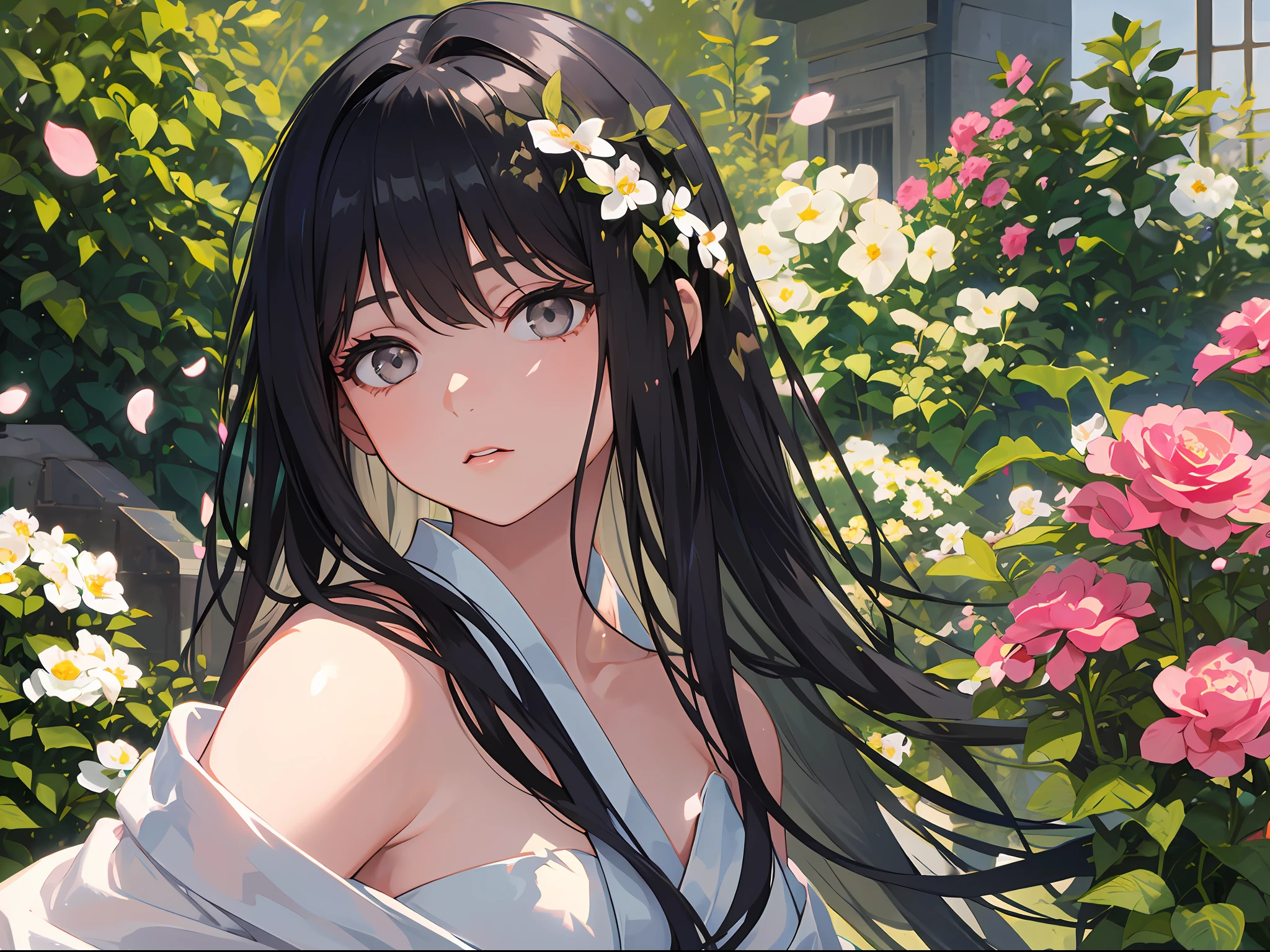 (: 1.5), lace, ribbon, Hanfu, (masterpiece, side light, delicate and beautiful gray eyes: 1.2), masterpiece, realistic, glowing eyes, shiny hair, dark hair, long hair, shiny skin, solo, awkward, strapless, delicate, beautiful, garden, flowers, fluttering petals,