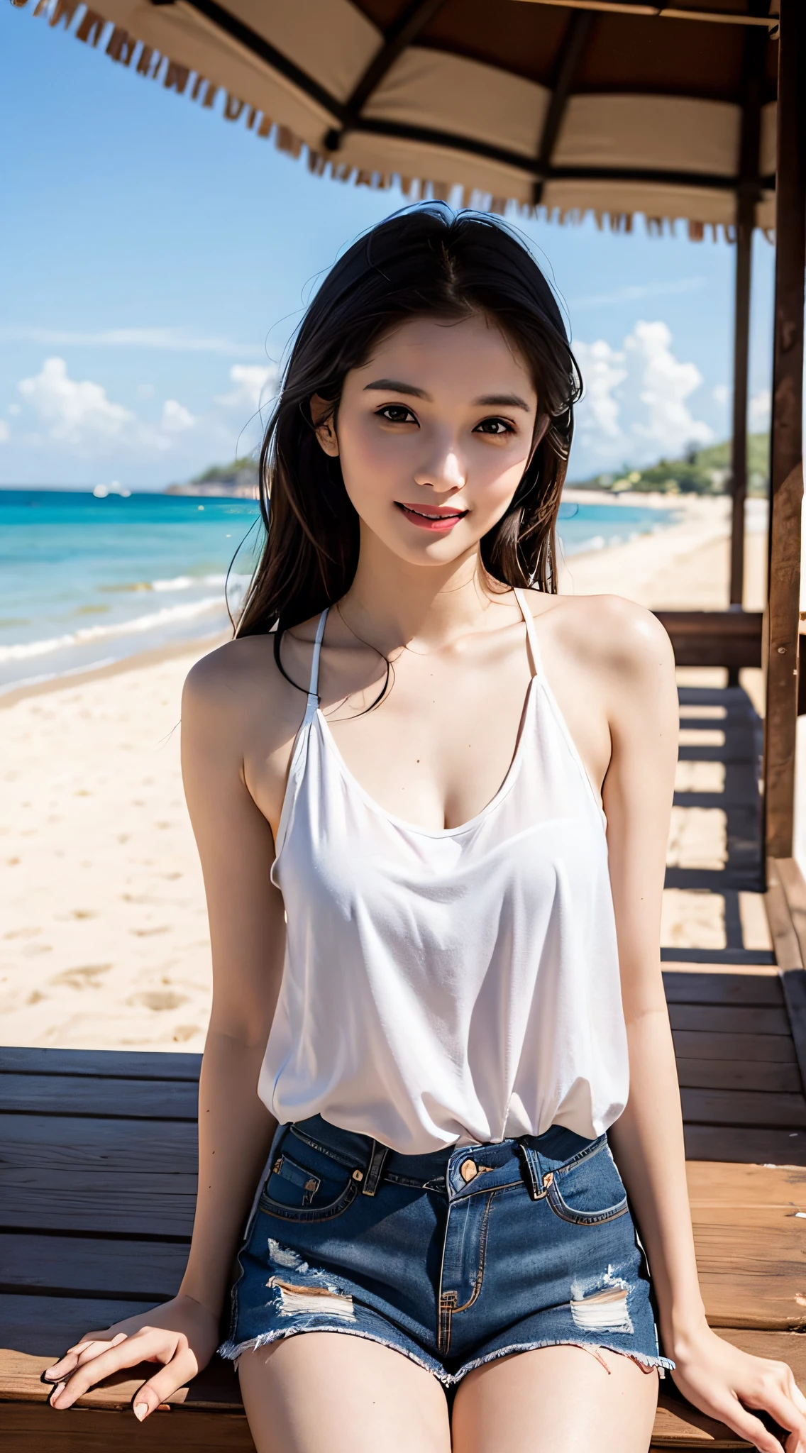 best quality,masterpiece,(photorealistic:1.4), (realistic:1.1), photorealistic, Hot summer days, you sweetest, Summer ∧∧∧ light and shadow ambiance，SanySanya beach, Ice cream, Summer fashion outfit, Sweet smile, panoramic composition, 8K,