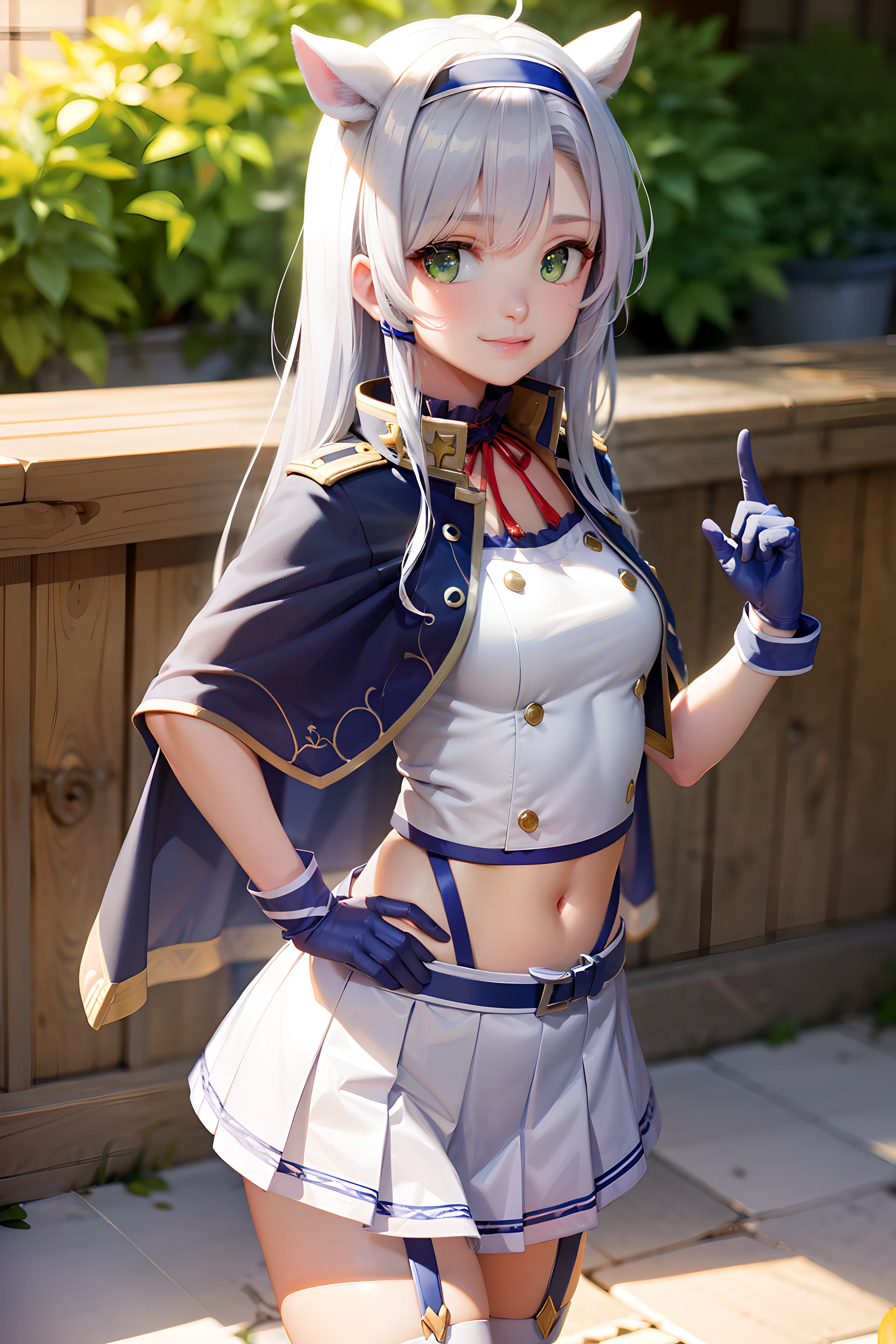 (masterpiece, best quality:1.2), cowboy shot, solo, 1girl, veronica \(dq11\), smile, closed mouth, looking at viewer, sistineFibelrnd, sistineFibeldef, blue capelet, bangs, long hair, white hair, green eyes, blue hairband, single glove, neck ribbon, Navel, gold trim, midriff, miniskirt, pleated skirt, red ribbon, white crop top, stomach, white animal ears, white skirt