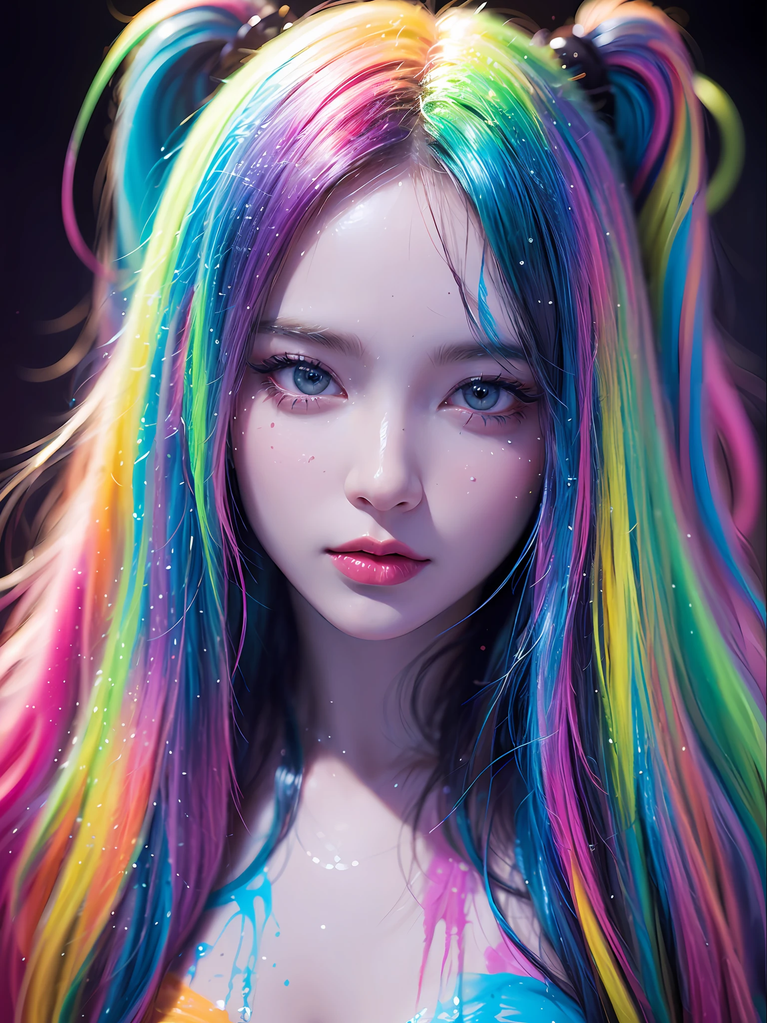 salpicos de cores，Paint splashing，Captivating psychedelic surreal neon amazing universe beautiful gorgeous women in a bright colorful neon light，Mark Reiden、daniel merriam、Bright neon colors in the style of Frank Frazetta and Boris Vallejo, 、super realism, trippy,  ornate, beautiful, fine Detail, intricated detail, Hyper detailed, oil painting, intricate colors,