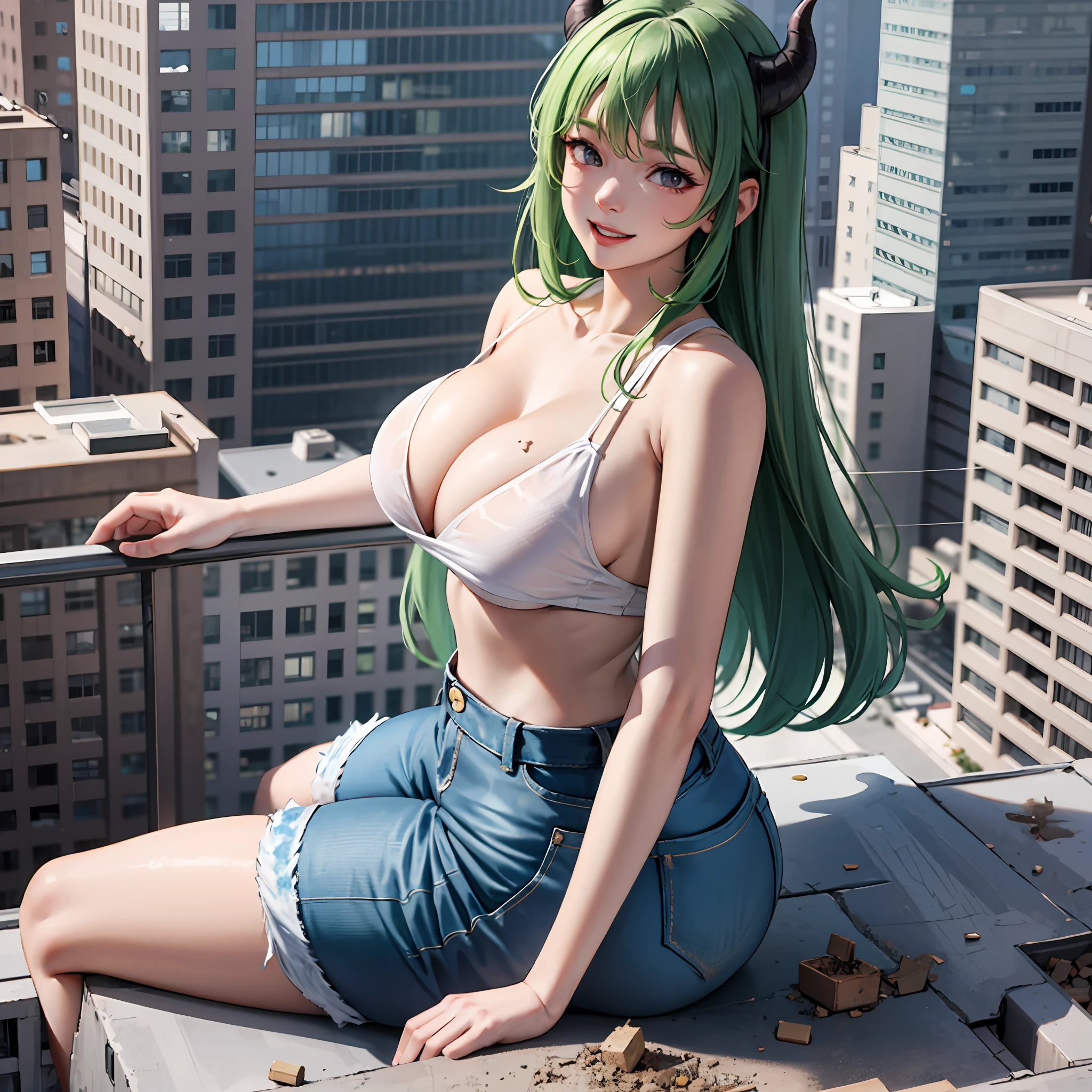 Sitting on building,Rampage,GtsGiga,Large ass,giggling,building cracked,dust debris,bare shoulder,looking over shoulder,yellow sweater,waist high blue mom jeans,big breast,milf,sitting on skyscraper,green hair,pink eyes,demon horn,Herat shaped tail