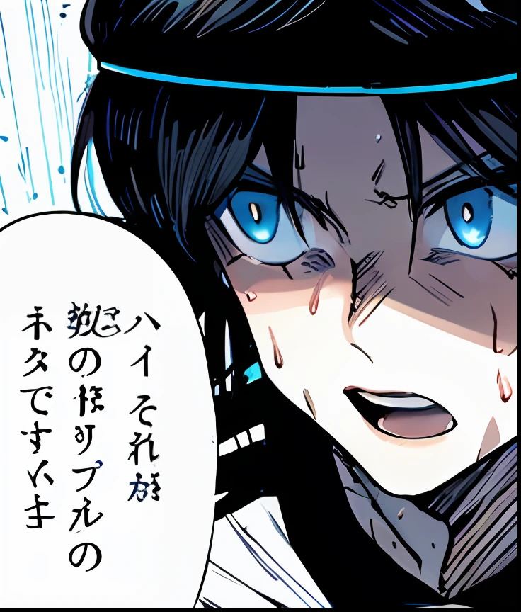 anime, a close up of a boy with a speech bubble, anime character with black and blue eyes and a white background, open mouth, color manga, manga color, color manga, color manga panel, simple backgroundbackground