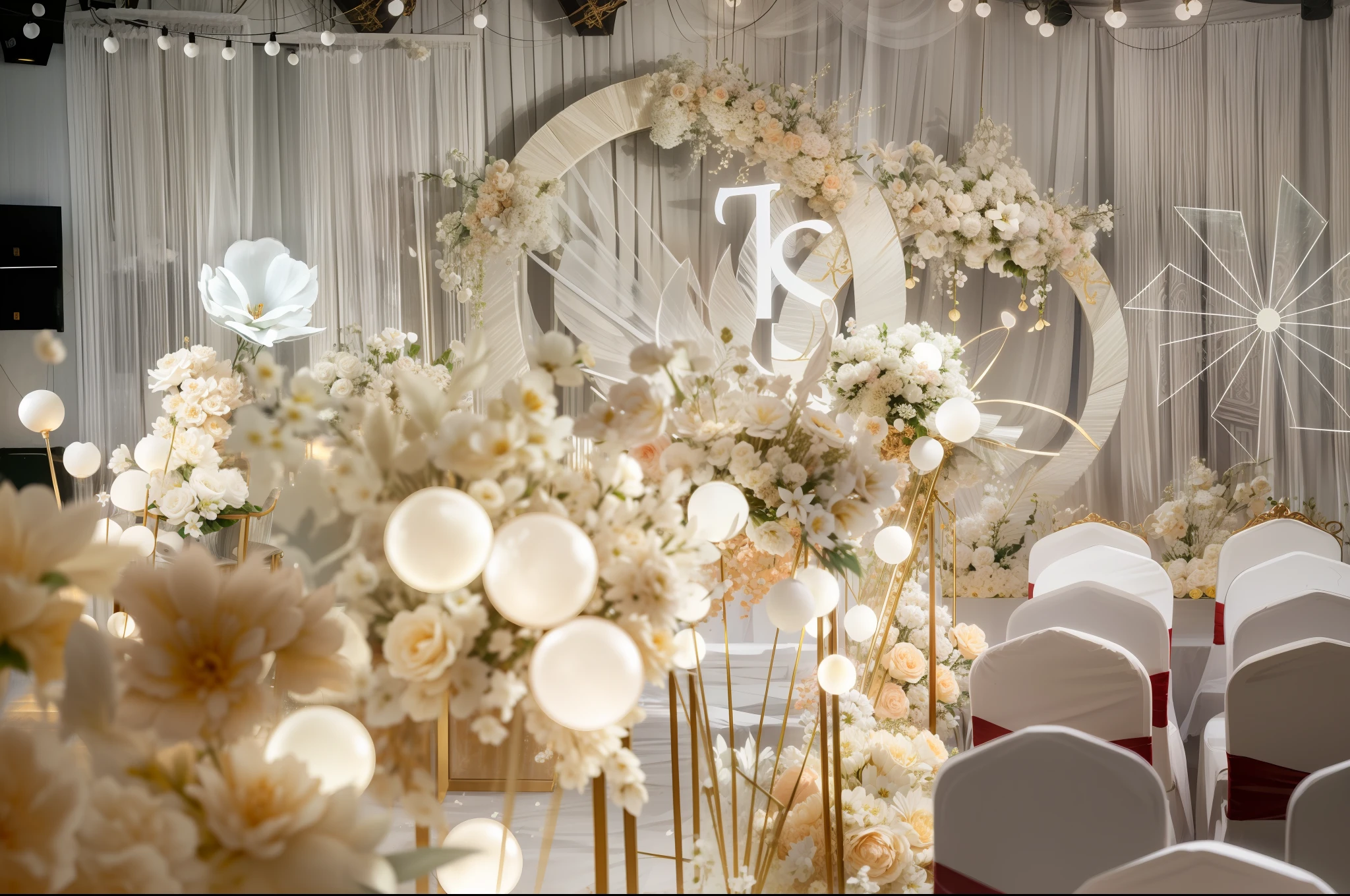 there is a wedding ceremony with white chairs and white flowers, Stunning Arcanum background, ethereal and dreamy theme, romantic themed, glamorous setting, fairy tale setting, white and gold color scheme, luxurious wedding, ornate and intricate backdrop, lavishly decorated, floral painted backdrop, diy, ornate backdrop, white sweeping arches, intricate sparkling atmosphere