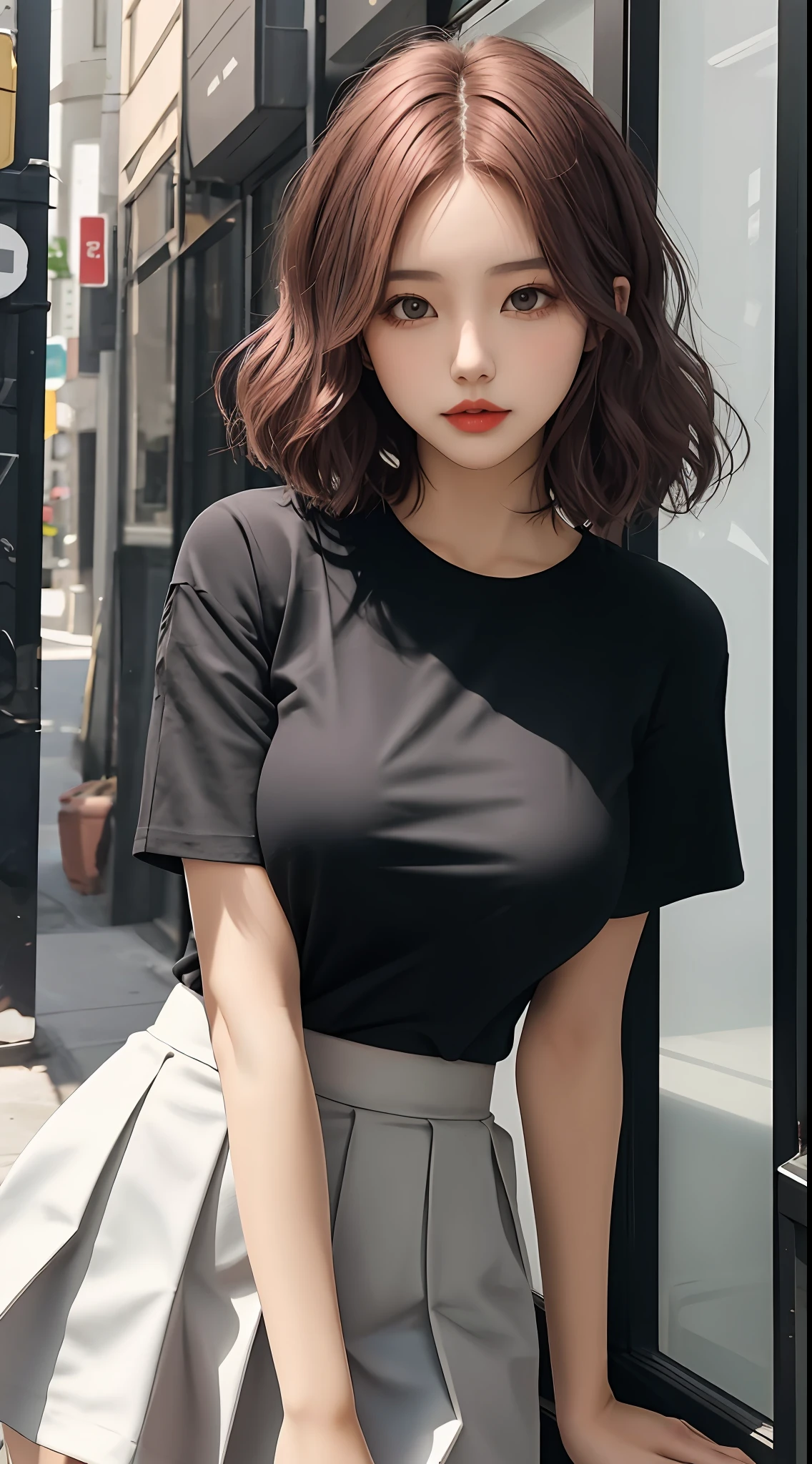 gal girl, single, the best quality t, upper body, beatiful, pretty, radiantly, Breasts Large,Short colored hair,tight skirt