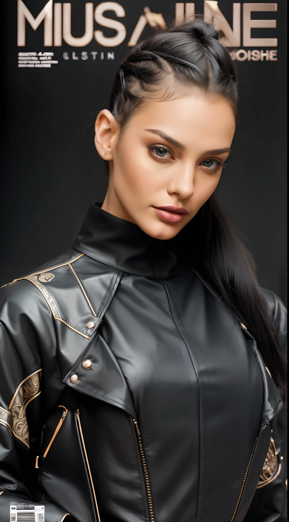 a black model posing elegant for magazine cover editorial photo, wearing winter clothes, overall, ultra modern leather, vivid colors intense, detailed, haute couture, ultra detailed finishes, cute look, intricate details, magazine cover editorial style photo, high fashion, apply editorial environment, masterpiece, highest quality, ultra detailed, high definition,