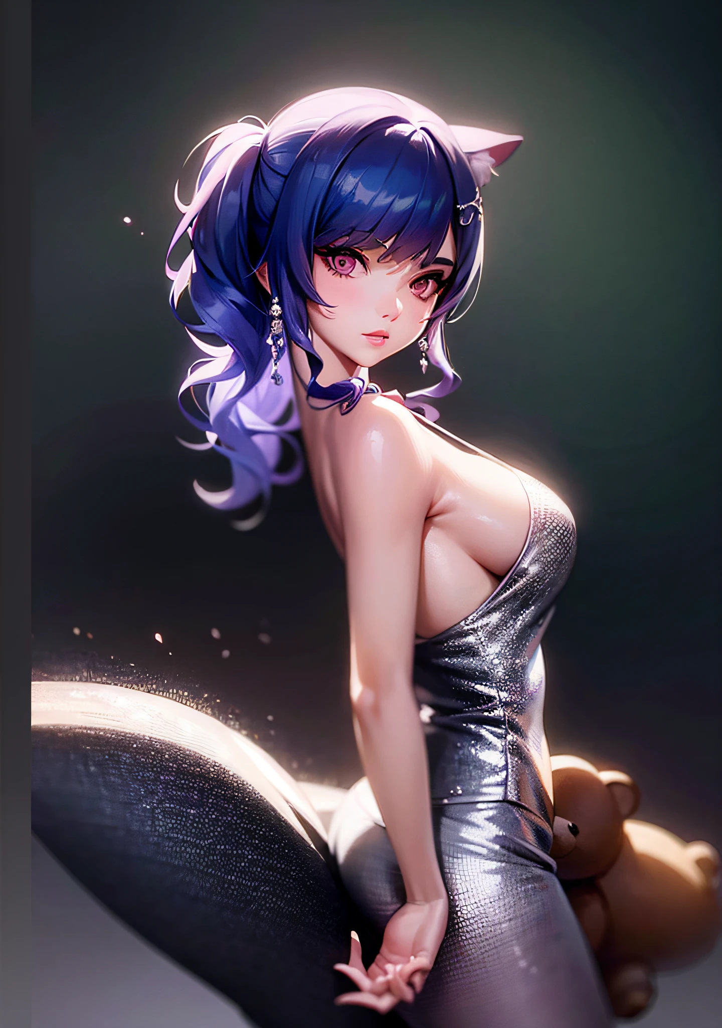 anime girl with purple hair and cat ears holding a teddy bear, Ilya Kuvshinov. 4 k, ilya kuvshinov face, artwork in the style of guweiz, ilya kuvshinov style, made with anime painter studio, painted in anime painter studio, artgerm portrait, artgerm and ilya kuvshinov
