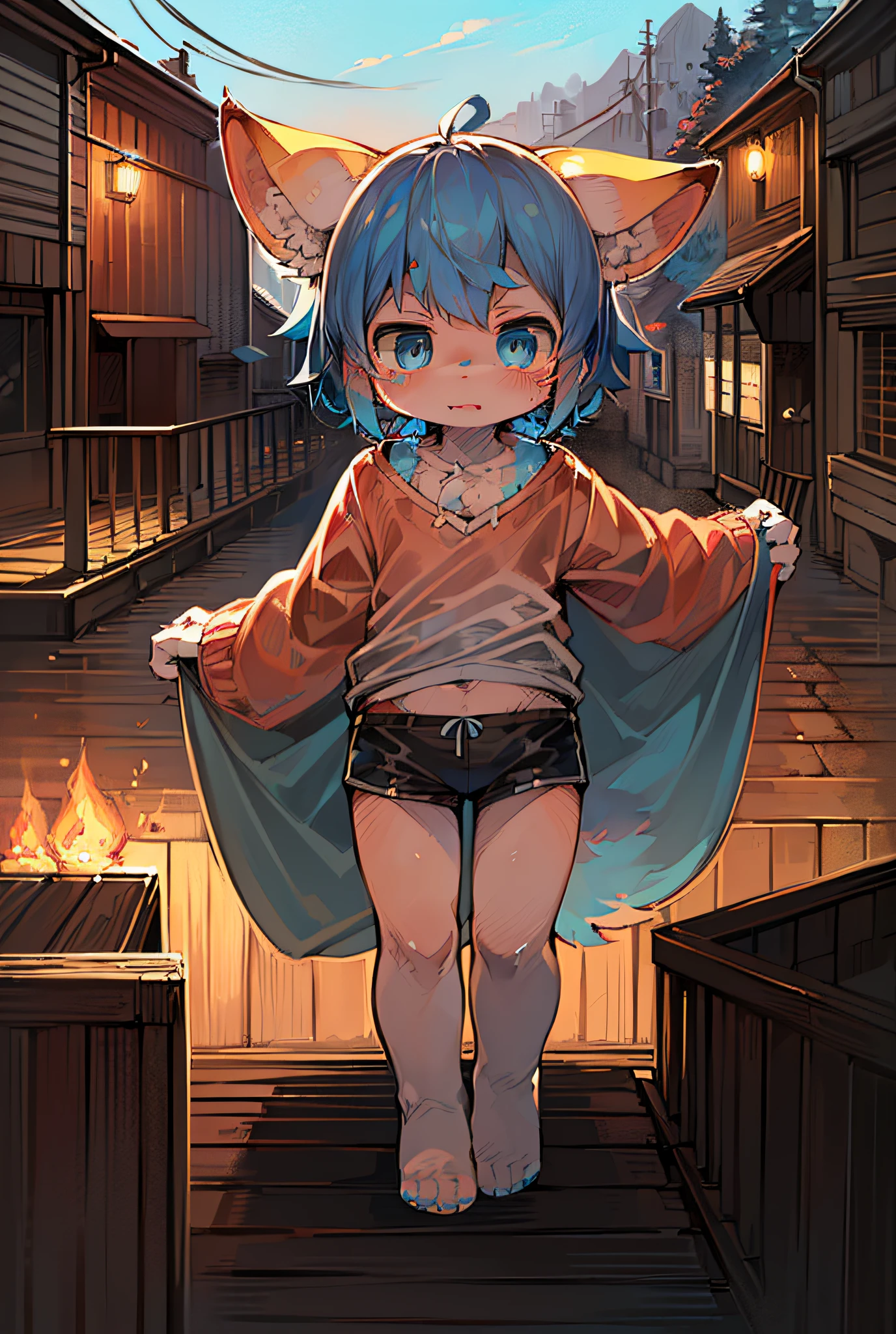 Masterpiece, high quality, absurd resolution, digital painting \ (artwork \), by dagasi, yupa, kiyosan, (fluffy fur, white fur, full body fur, blue hair), human male fox. Blue eyes, bright eyes, panorama, character focus. Detailed background, (loose clothes: 1.2), (fox)