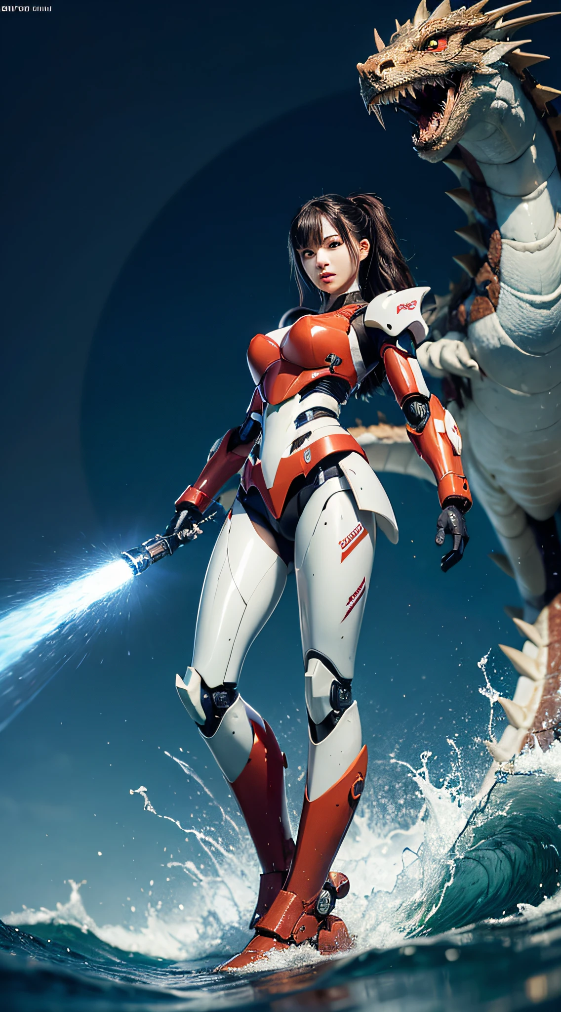 (best quality),(masterpiece),an extremely delicate and beautiful girl,extremely detailed,Amazing,finely detail,official art,ultra-detailed,highres,beautiful detailed girl,light on face, a girl standing in front of a dragon,long,no humans,dragon,(floating hair),mecha,(mechanical mecha),yushuishu,water,waves,Filled with water energy,Mecha all,Honey Mecha,machinery