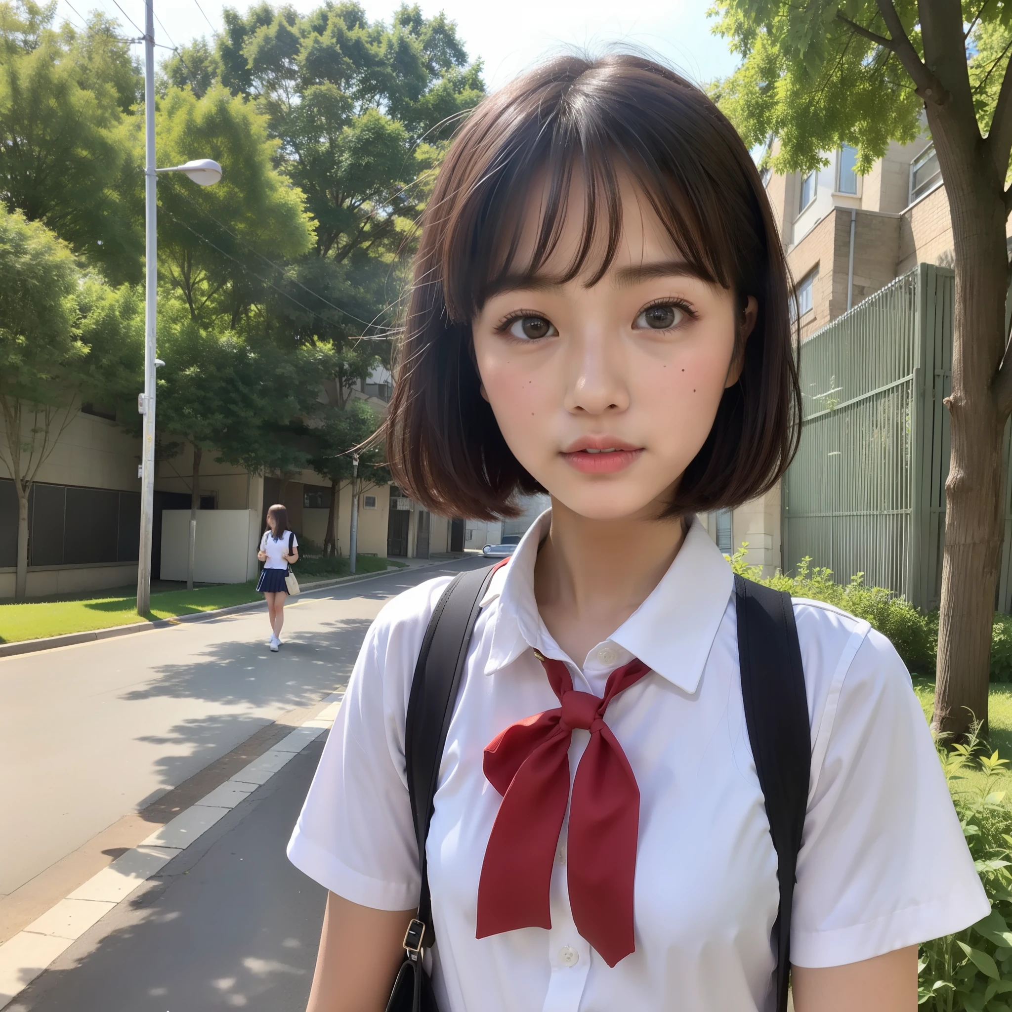 Cute high school girl looking at camera、Short cut、Close-up shot of the face、Summer uniform、from front view