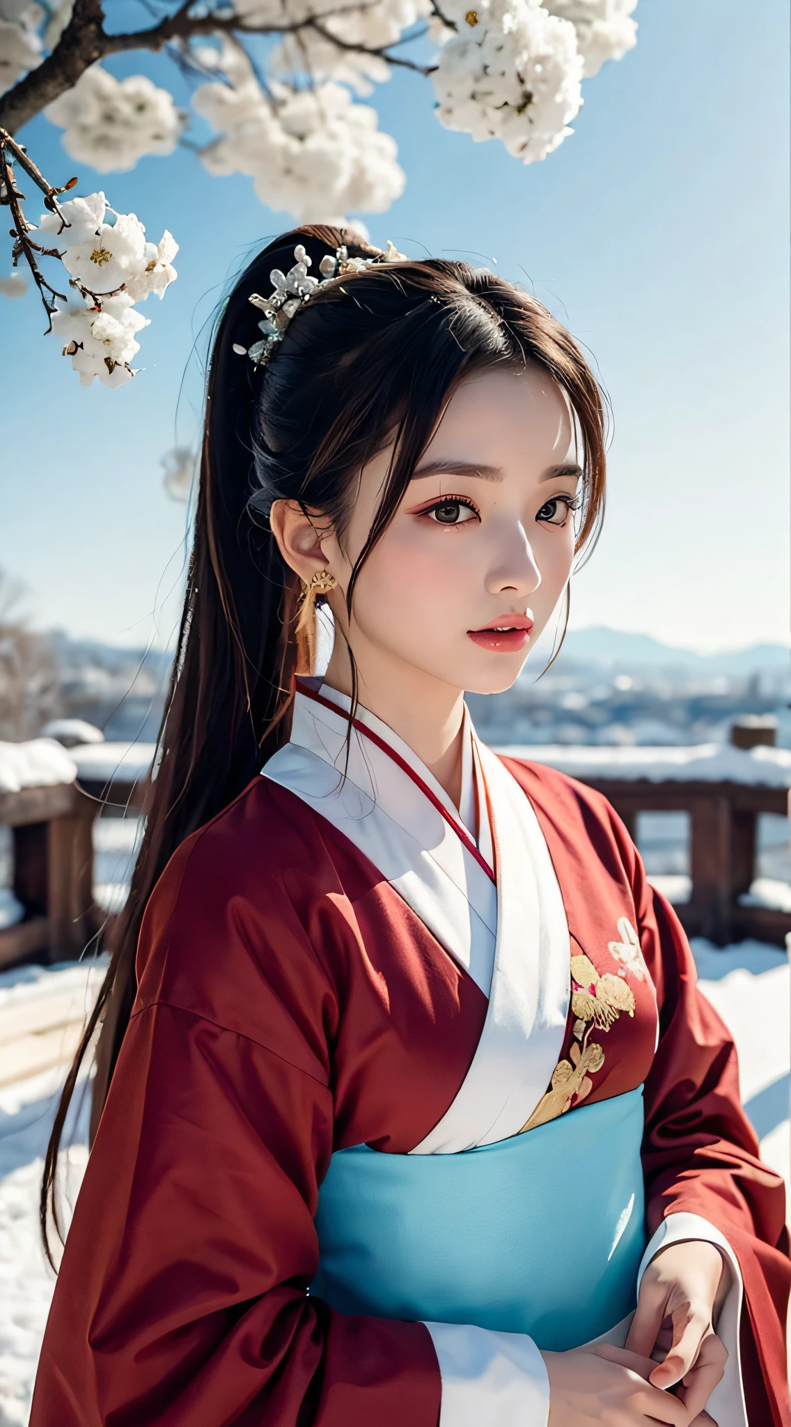 Black hair, long hair, high ponytail, black eyes, handsome, upper body vertical painting, illustration, Hanfu, ancient Chinese style, snowy night, precious jewelry, ancient long sword, the best quality, original, very detailed, masterpiece, very detailed, CG, 8k, exquisite face, fine hair, atmospheric, Mu Xia, wide robe and large sleeves, divine, masterpiece, classical temperament, immortal Xia, gentle as jade ancient sword, snowy night, wax plum, Plum Blossom, Branch, Snow, Best Quality, Original, Very Detailed, Masterpiece, Very Detailed, CG, 8k, Exquisite Face, Fine Hair, Magnificent, Muxia, Wide Robed and Sleeved, Divine, Masterpiece, Classical Style, Immortal Hero,