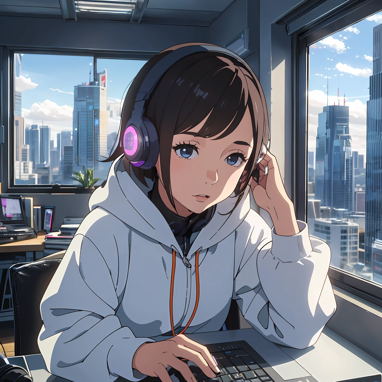 A girl playing on a PC computer in the sky room,earphone, wearing cold clothing