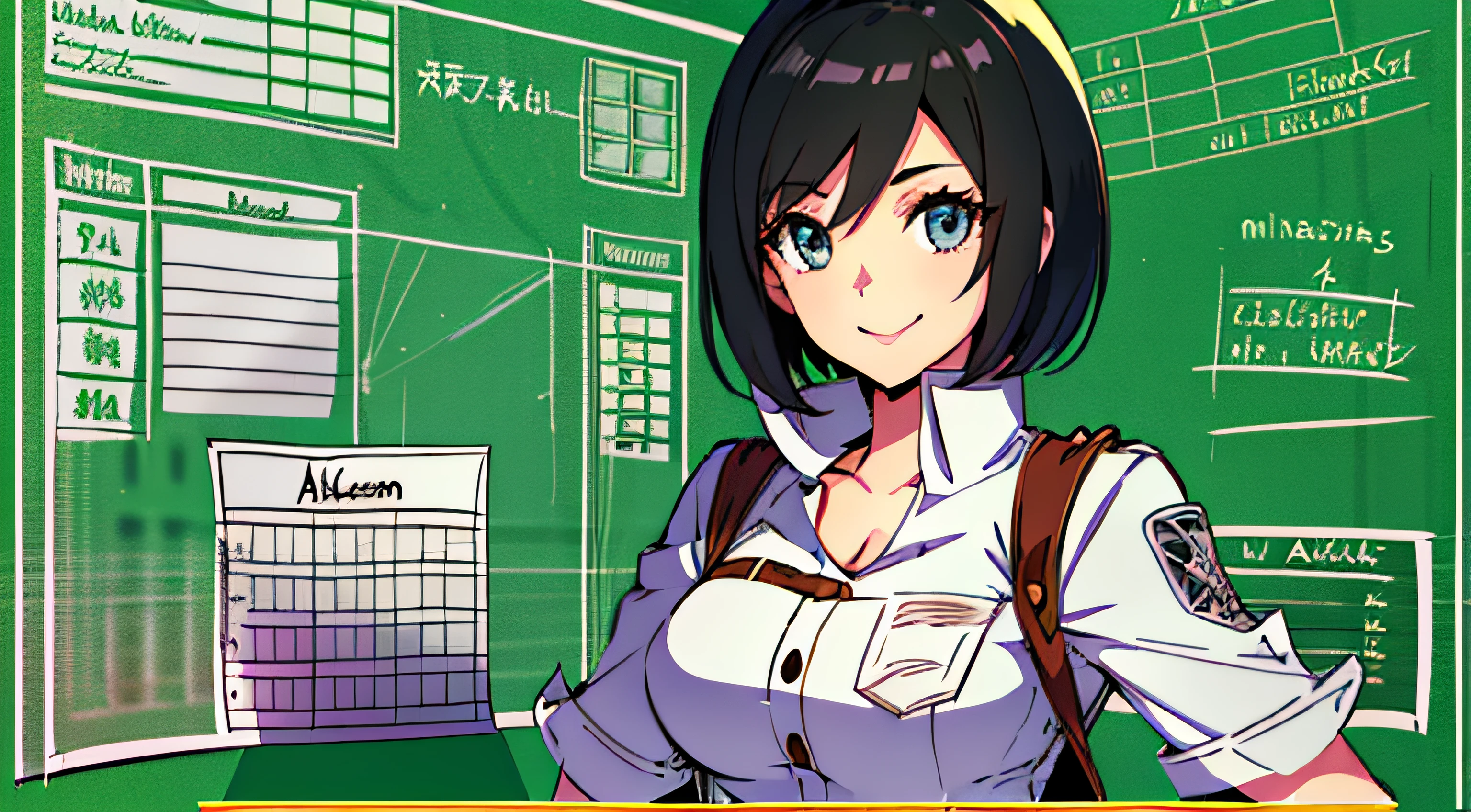 (masterpiece), ultra detailed, 8k, ((A character sheet:1.4)) or reference sketch of a a beauty gal girl who looks like Pokemon's Mai, with an uniform, she has short hair, and she smiling, with black hair, ultra realistic and sharp detail and intricate, intricate details, and style, simple background illustration, Mikasa Ackerman