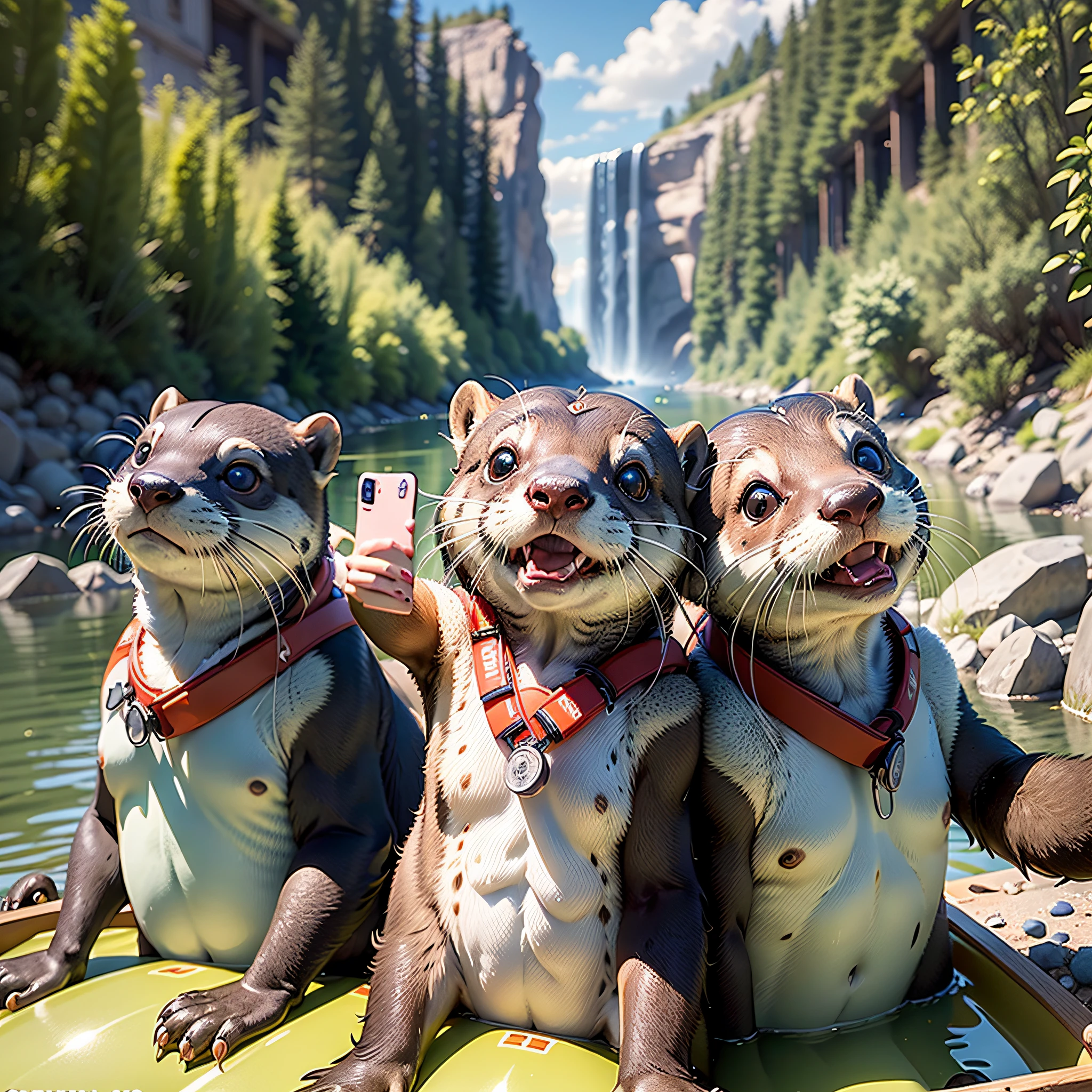 (Best Quality, 8k, 32k, Masterpiece, UHD:1.3), group of cute otters wearing a life vest and taking selfie together, ((selfie:1.8)), one otter is holding the phone and all otters are looking up, all sitting in a canoe, all looking at camera,  river background, day, volumetric lighting, realistic,