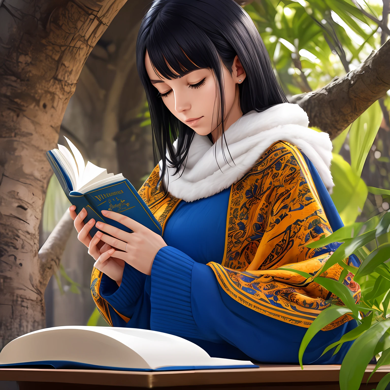 Beautiful white woman with black hair reading and praying with her hands over a holy bible, vitral cor azul e laranja no plano de fundo, foto em alta resolução 4k