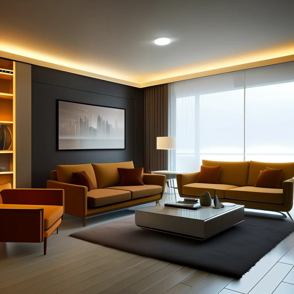 high resolution concept art of an apartment living room overlooking a large futuristic city with floor to ceiling windows and mid century modern furniture cinematic lighting cgsociety