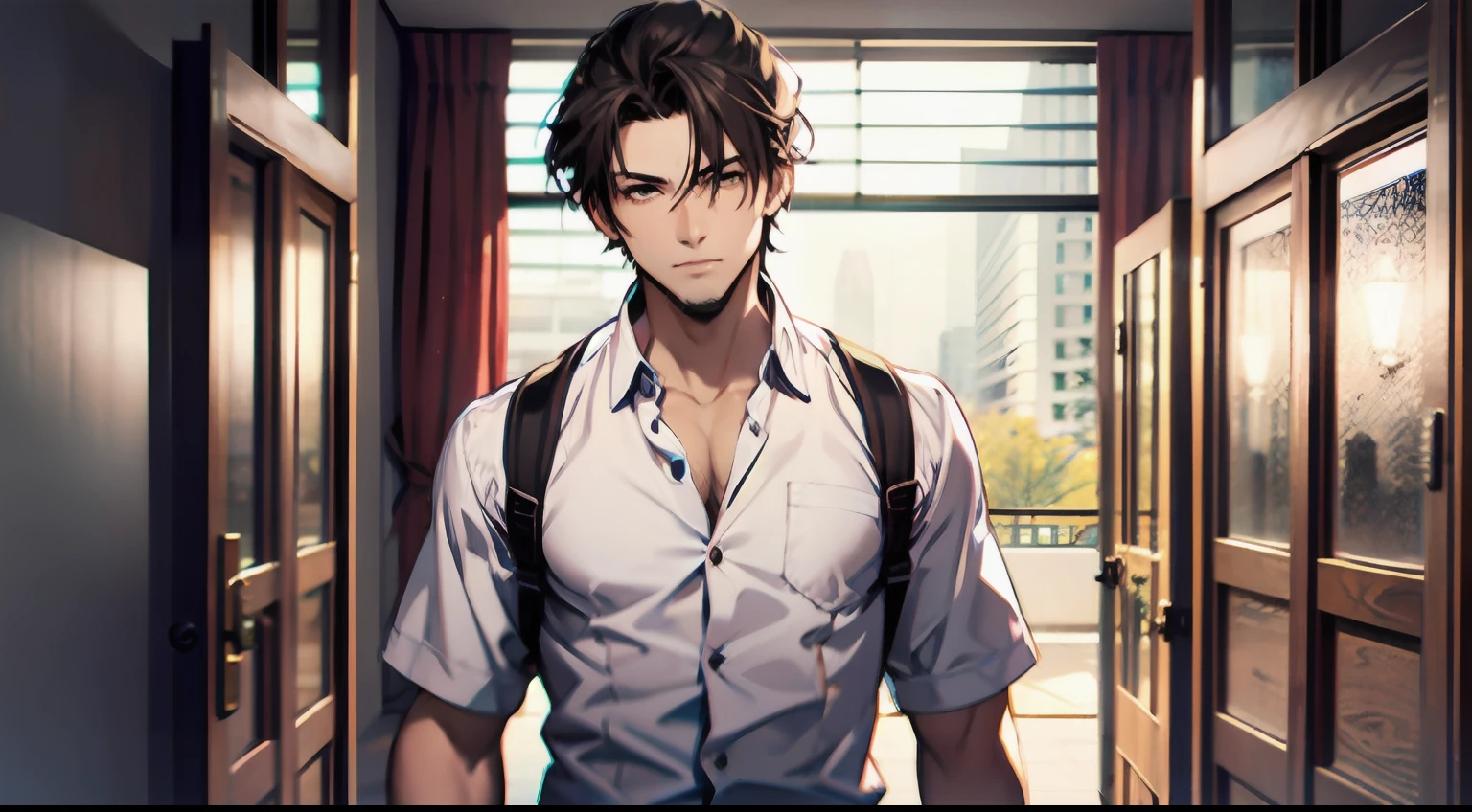 master masterpiece，Best quality，A guy，Wear an inch shirt，Open the door