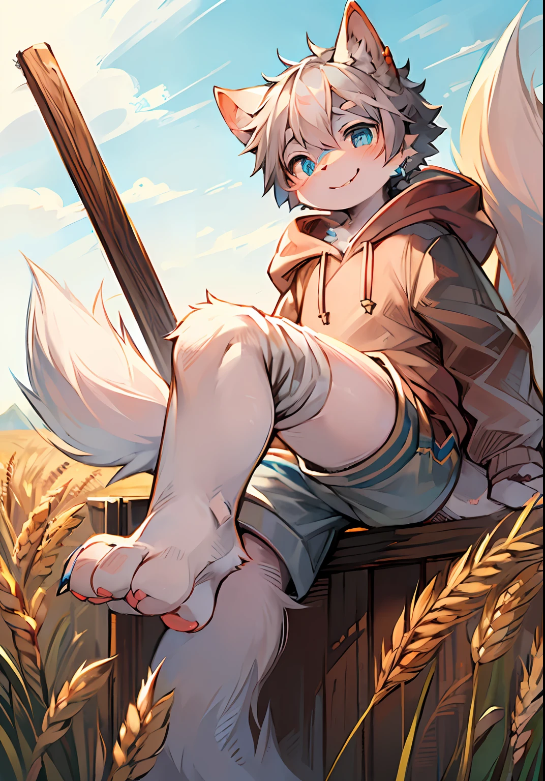(Bright environment:0.8),masterpiece,high quality,abstract res,digital painting\(artwork\), by dagasi, yupa,kiyosan,(anthro,fluffy fur,character focus:1.1),anthro male cat,short hair,portrait，rural，Ear bushes of wheat , eyes with brightness, Panoramic View, Character focus.(detailed backgrounds:0.8), solo, shaggy, Hairy Male, Male focus, anthr,(Full Body Fur, Fluffy tail, white fur, blue eyes, Gray hair，White hoodie，White shorts，Sorrisos，Leg up:1.2), (long canids：1.2），（pink meat pad：1.4），（exterior：1.1）