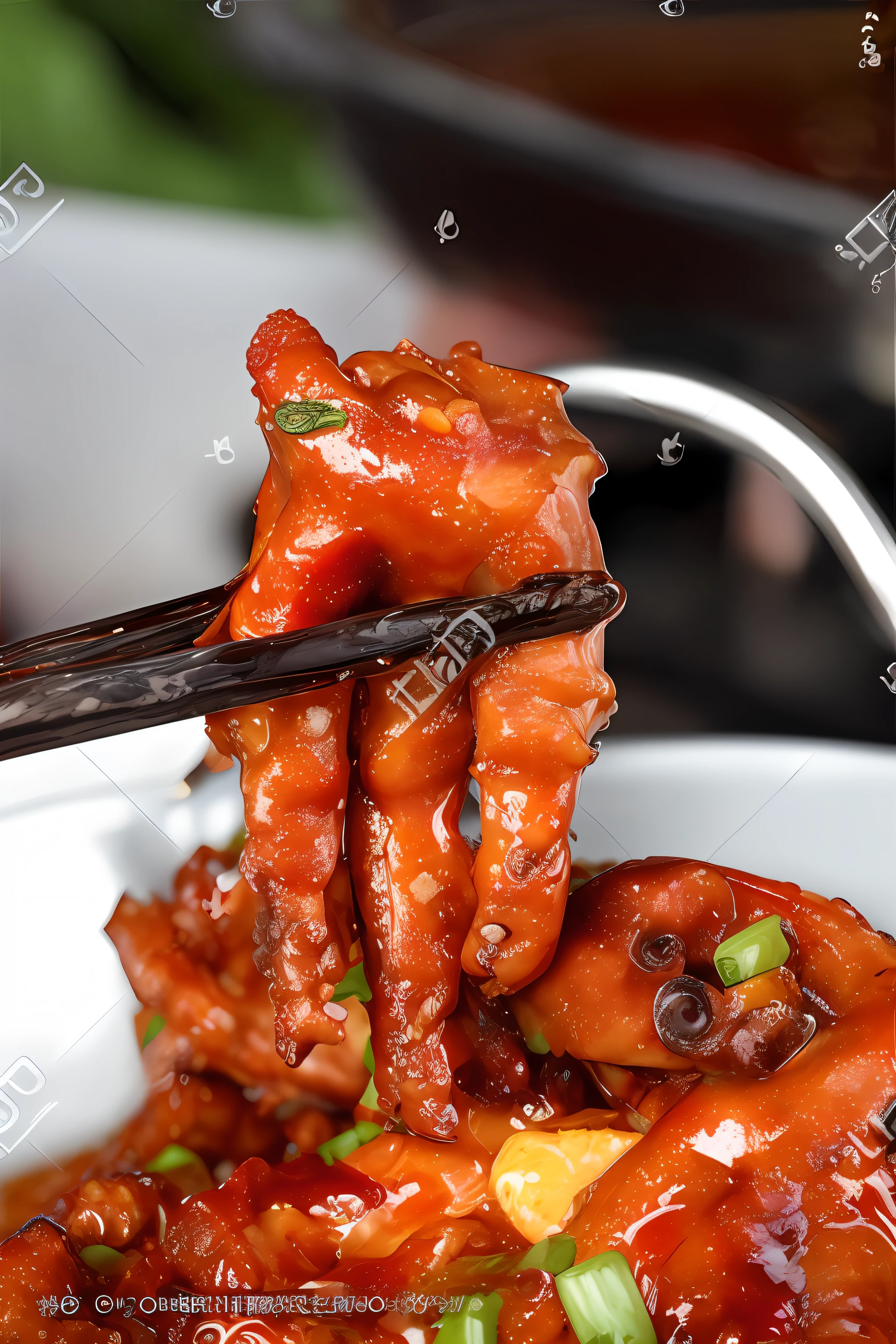 chopsticks are being used to eat a dish of meat, high quality food photography, bear legs, chickens,, dragon claws, Chines, super realistic food picture, robot dragon four fingered hands, gnarled fingers, fireball hand, f 2. 0, robot dragon hands and feet, qiangshu, sichuan, octopus tentacles, oozing bile ), dainty