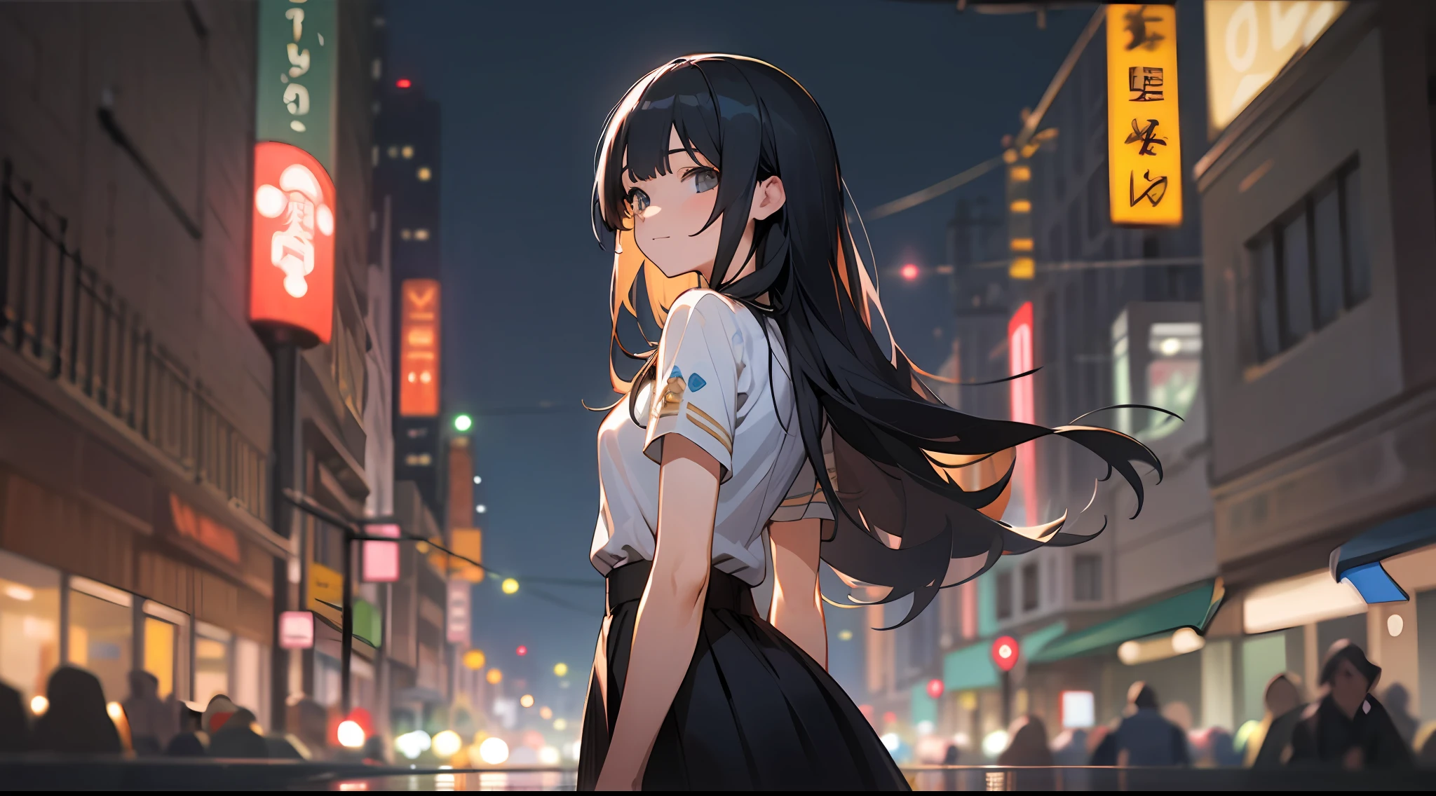 Anime girl in a white shirt and black skirt walking down a street ...