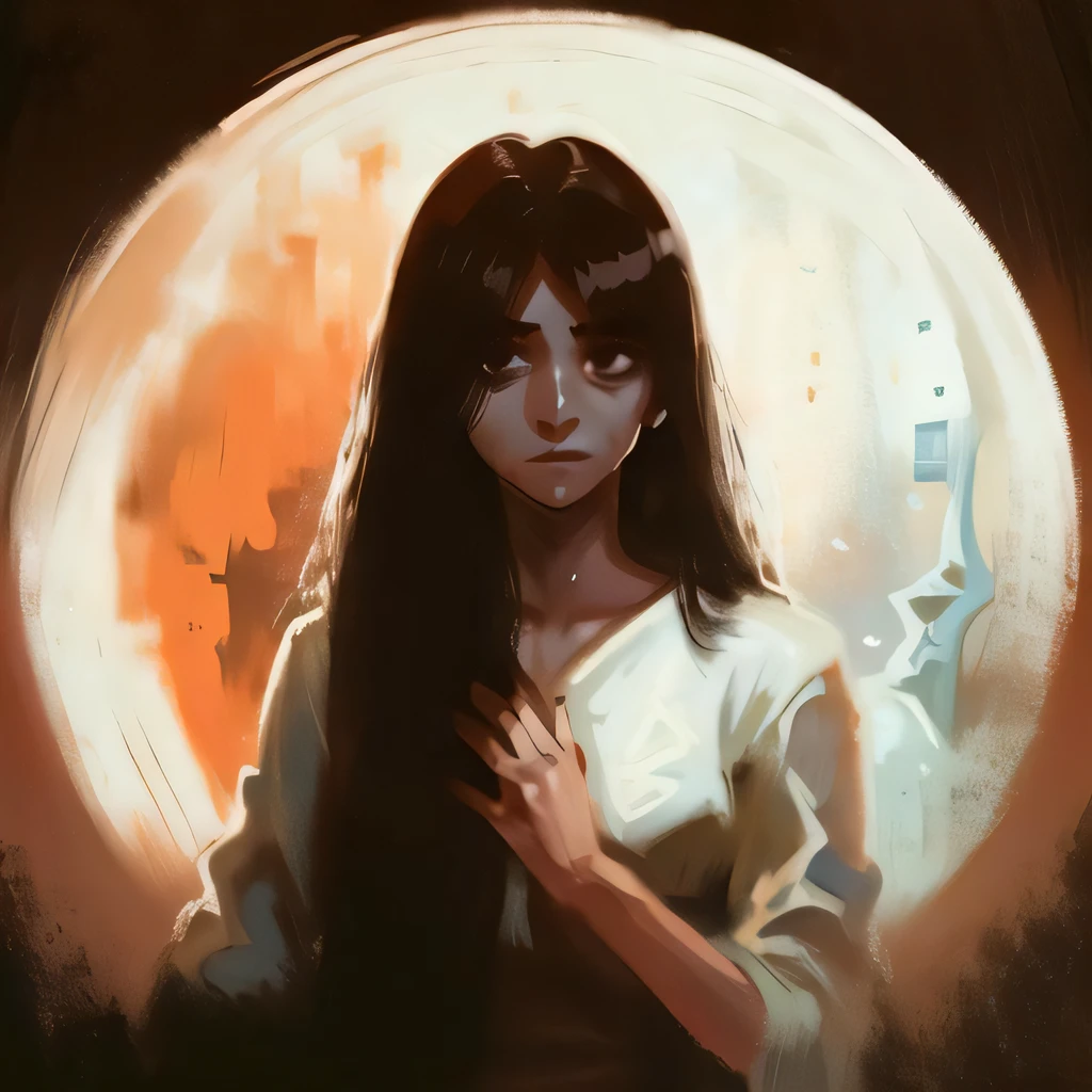 masterpiece, best quality, sweat,sadako_yamamura,  1girl, solo, beautiful lighting,zaum, elysiumchar, portrait,  8k, oil painting, soft lighting, simple background, orange background, (( white circle behind sadako)),