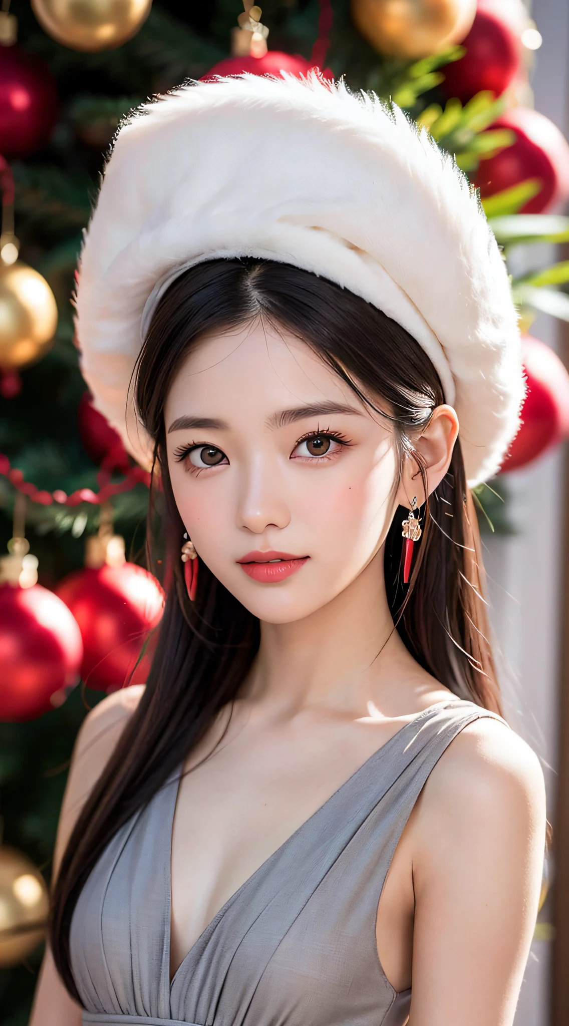 a girl,solo,masterpiece,best quality,highres,Extreme detaildelicate face,Extreme detaildelicate eyes,(face alignment),fair complexion,Exquisite hairstyle,light-colored lips,A charming smile.Strong sense of detail and layer,rich and gorgeous color,with a unique sense of texture, Rich color, color harmony, vivid painting ,design,16k,hyper detailed, abstractionism,wearing a light gray dress, printed with bouquets and red and dark gray ribbons, was paired with a red waistband and a hat decorated with small flowers for a festive winter vibe. And her hair up in an Delicate and beautiful fashion.